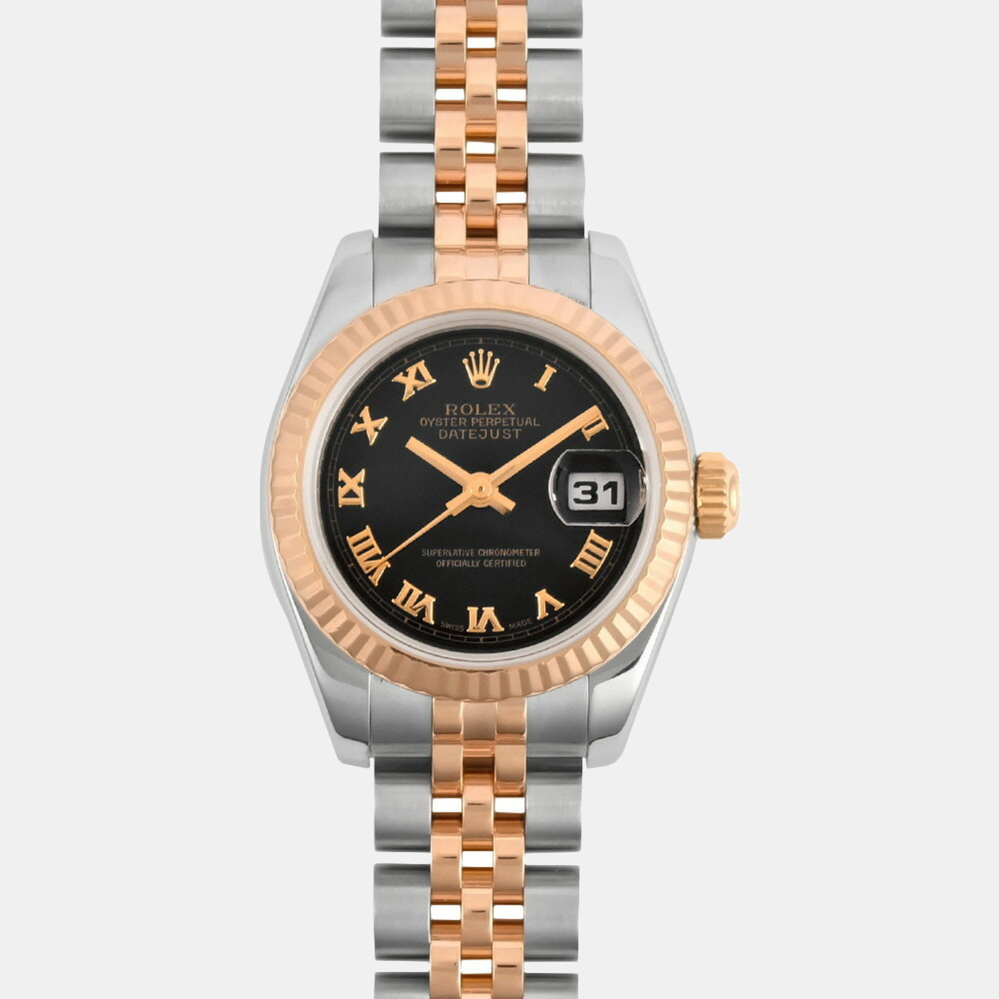 Rolex Black 18k Rose Gold And Stainless Steel Datejust 179171 Automatic Women's Wristwatch 26 Mm