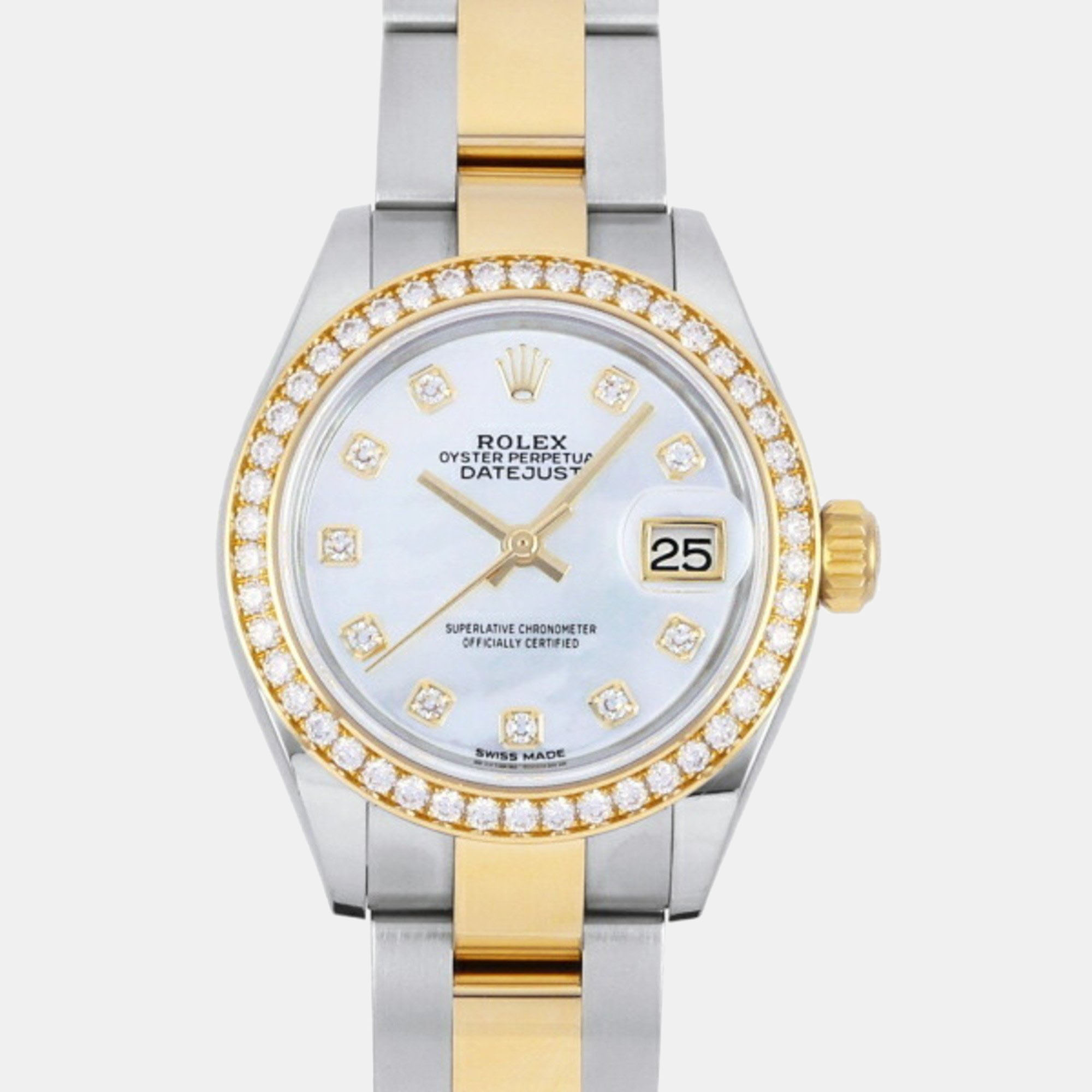 Rolex White Diamond 18k Yellow Gold And Stainless Steel Datejust 279383RBR Automatic Women's Wristwatch 28 Mm