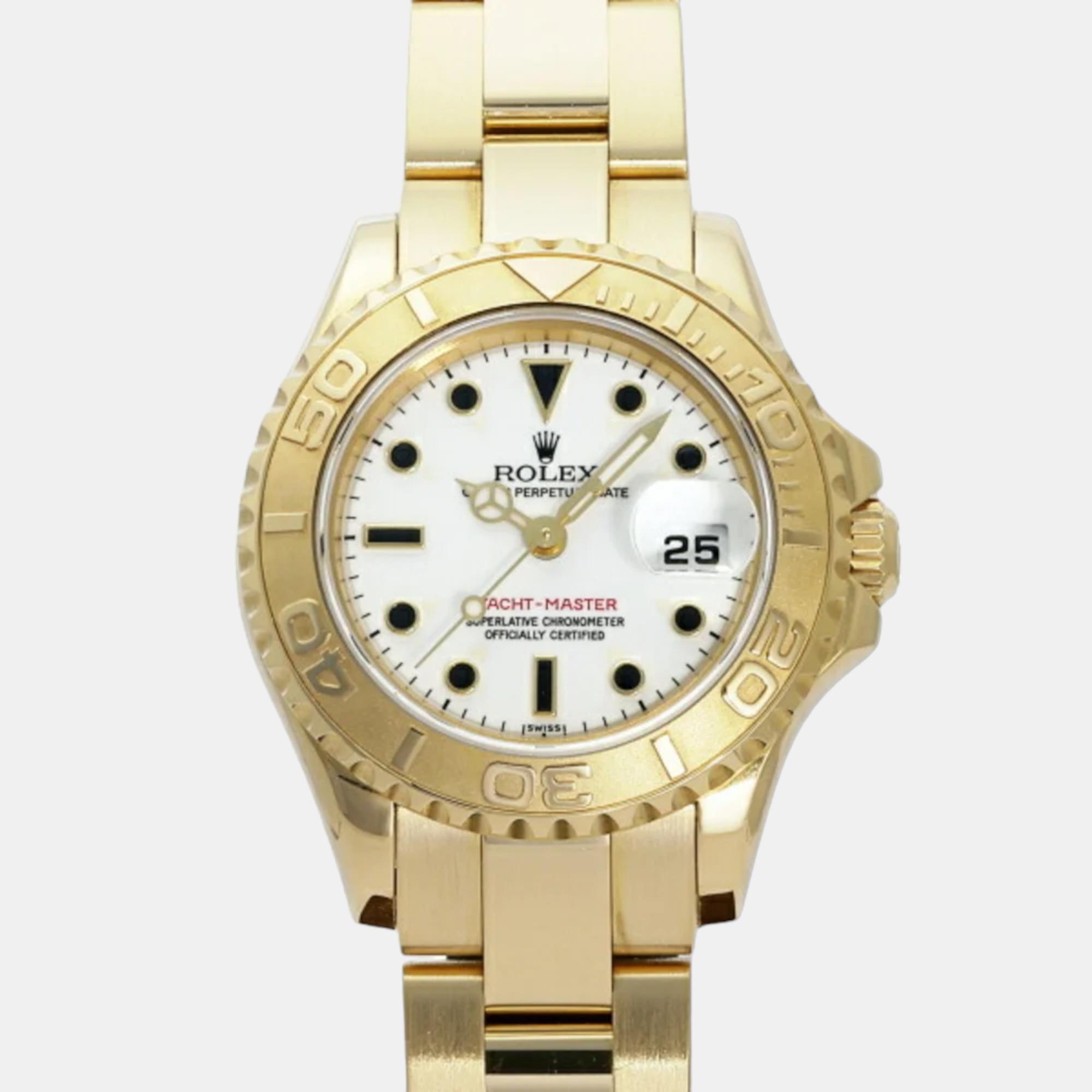 Rolex White 18k Yellow Gold Yacht-Master 69628 Automatic Women's Wristwatch 29 Mm