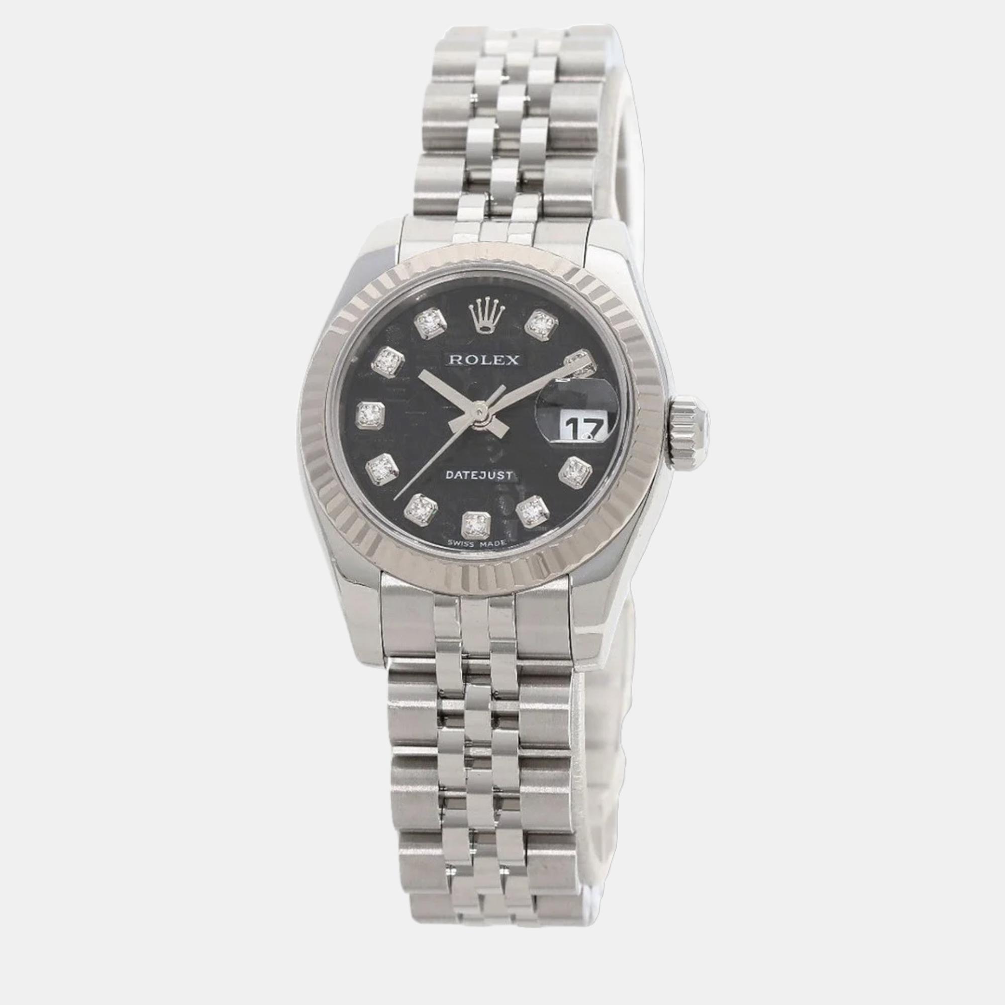 Rolex Black Diamond 18k White Gold And Stainless Steel Datejust 179174 Automatic Women's Wristwatch 26 Mm