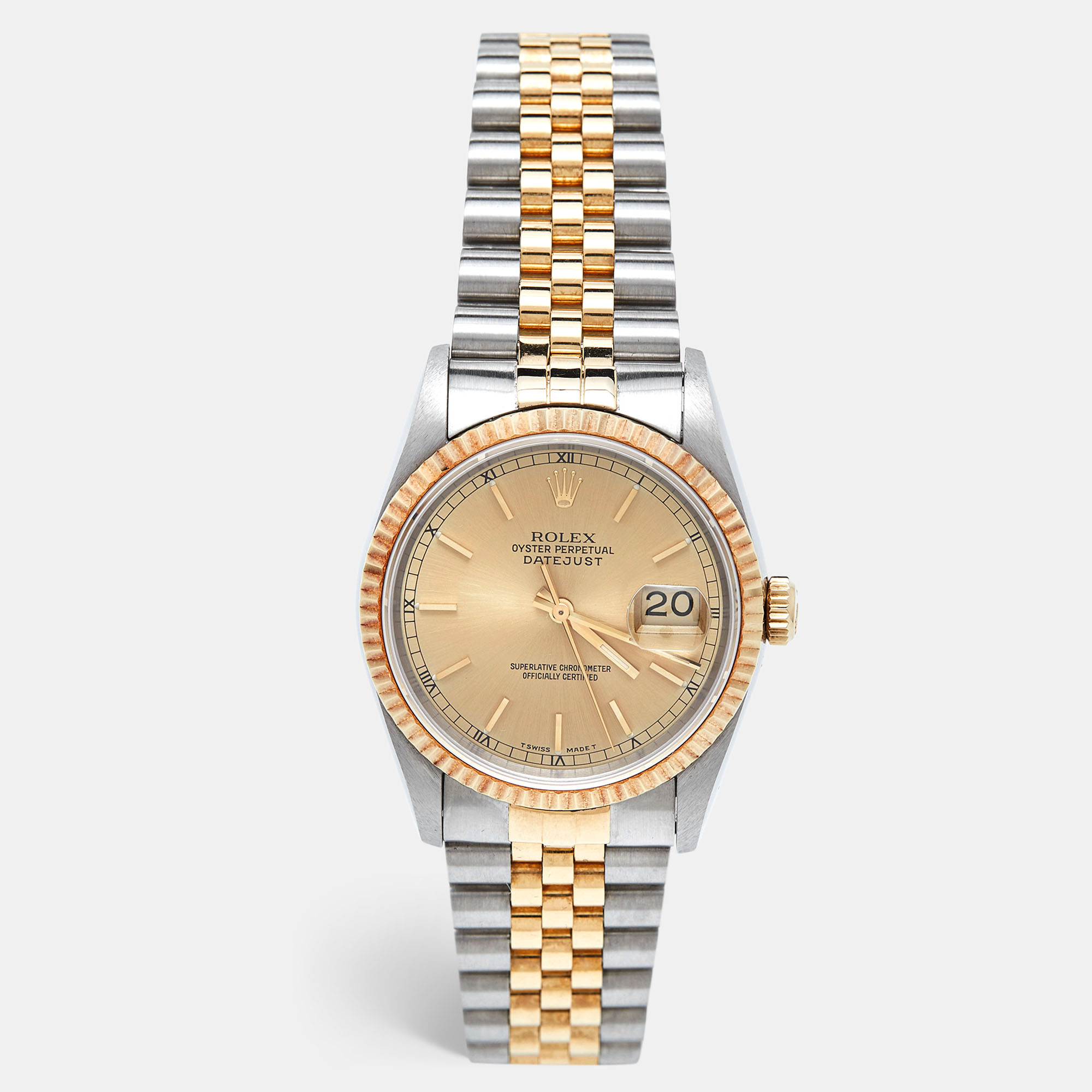 Rolex Champagne 18k Yellow Gold Stainless Steel Datejust 16233 Men's Wristwatch 36 Mm