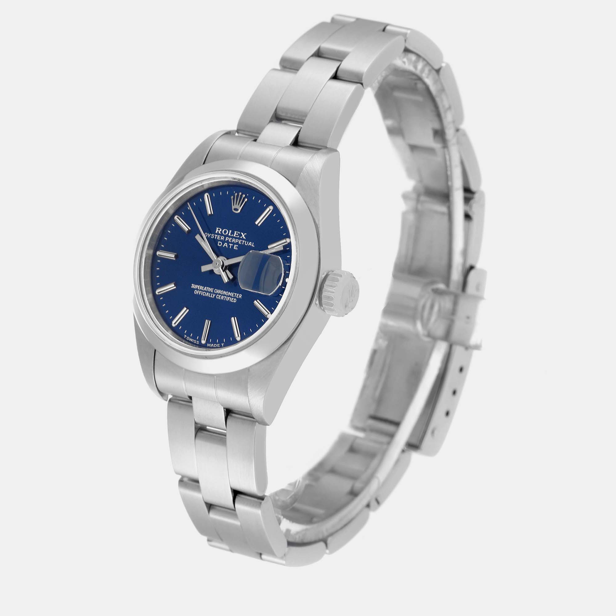 Rolex Date Blue Dial Smooth Bezel Steel Ladies Watch 69160 26 Mm