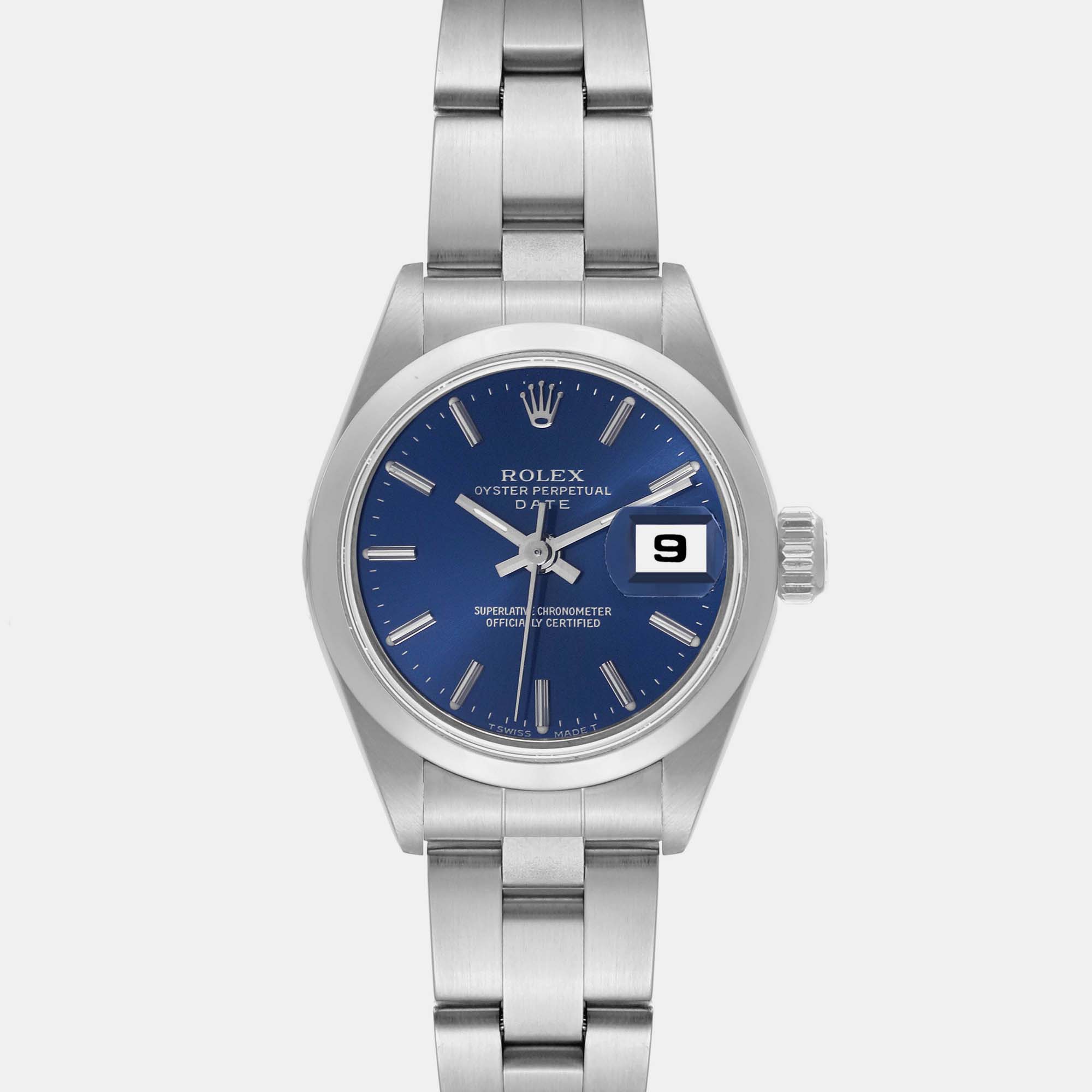 Rolex Date Blue Dial Smooth Bezel Steel Ladies Watch 69160 26 Mm