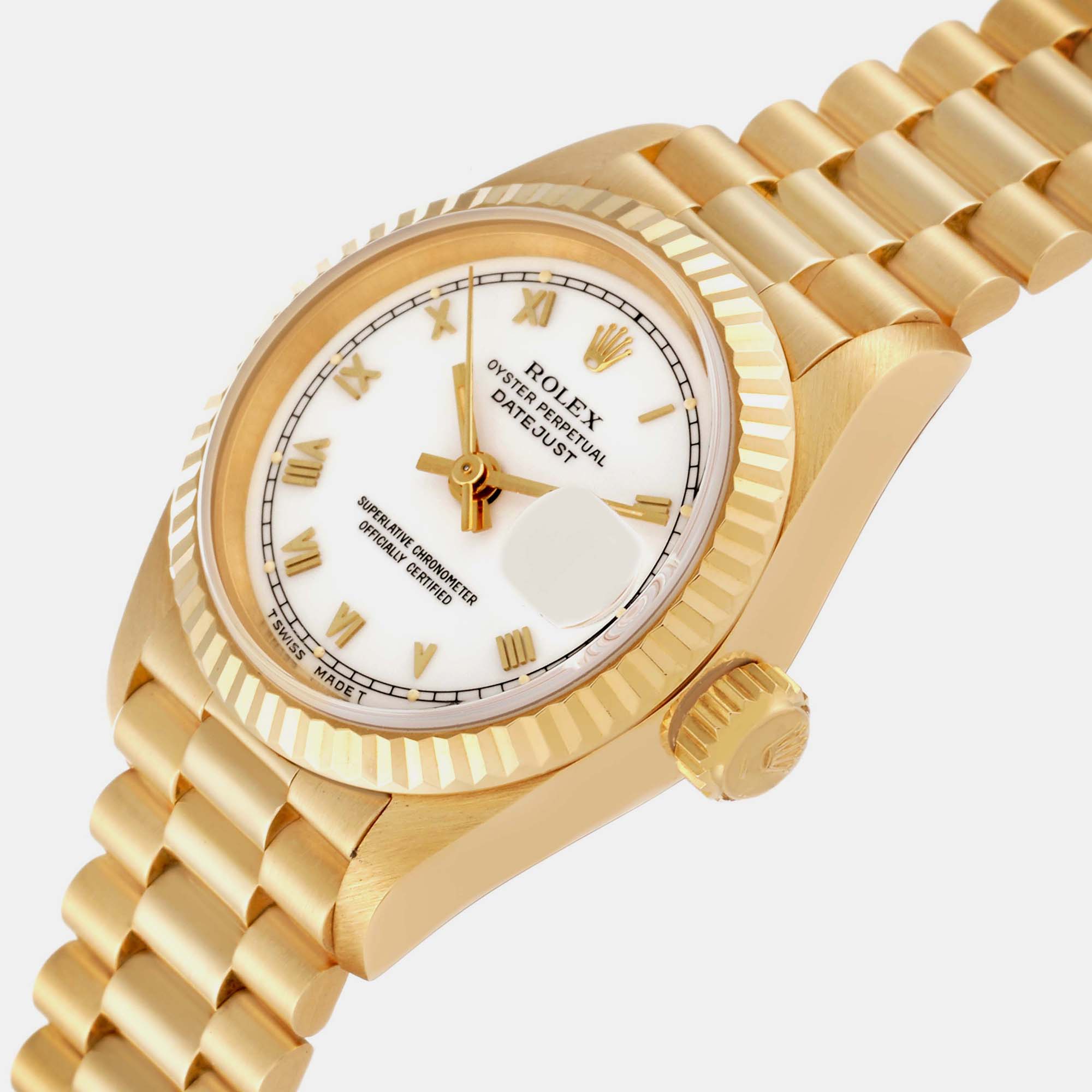 Rolex Datejust President Yellow Gold White Roman Dial Ladies Watch 69178 26 mm
Rolex Datejust President Yellow Gold White Roman Dial Ladies Watch 69178 26 mm