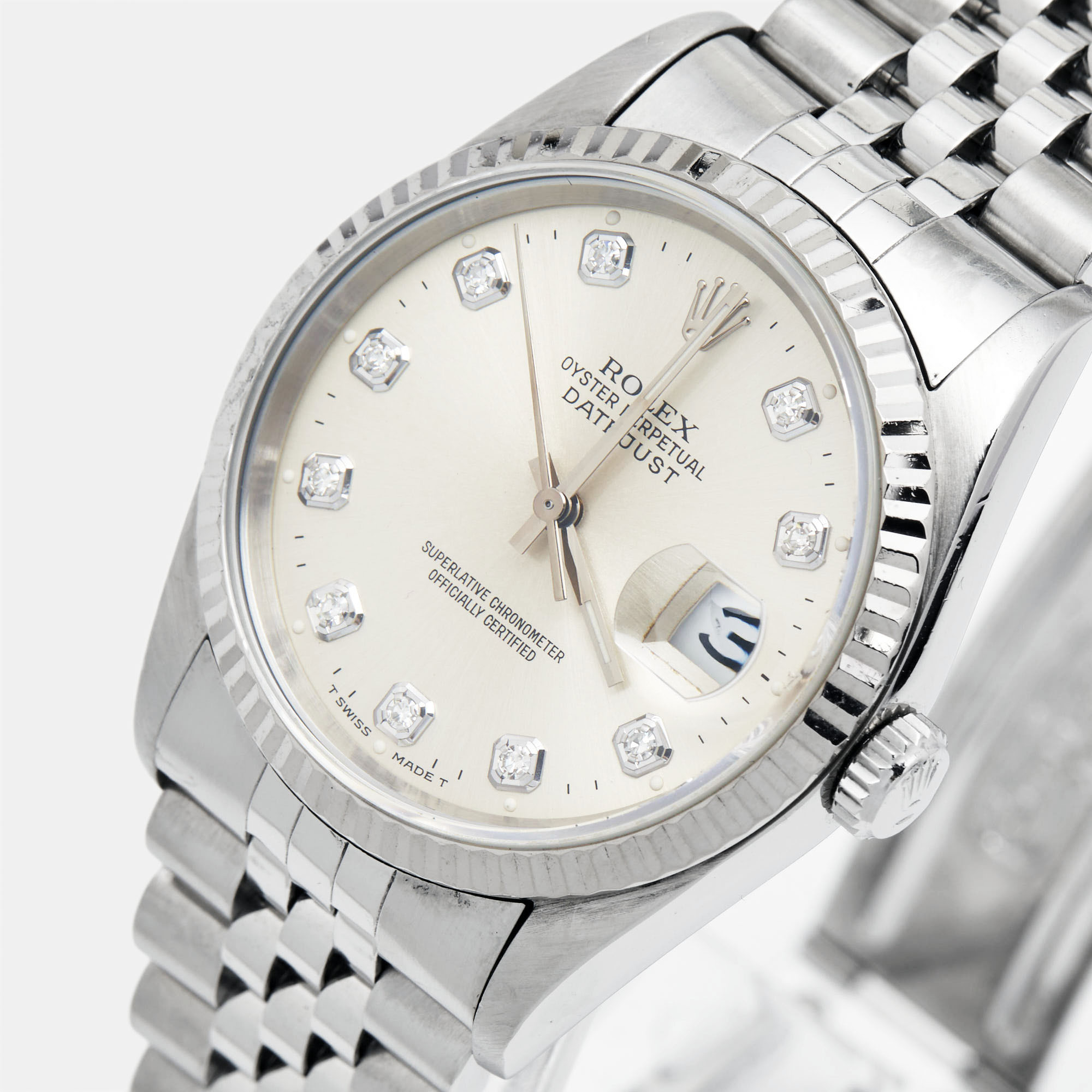 Rolex Silver 18K White Gold Stainless Steel Diamond Datejust 16234 Men's Wristwatch 36 Mm