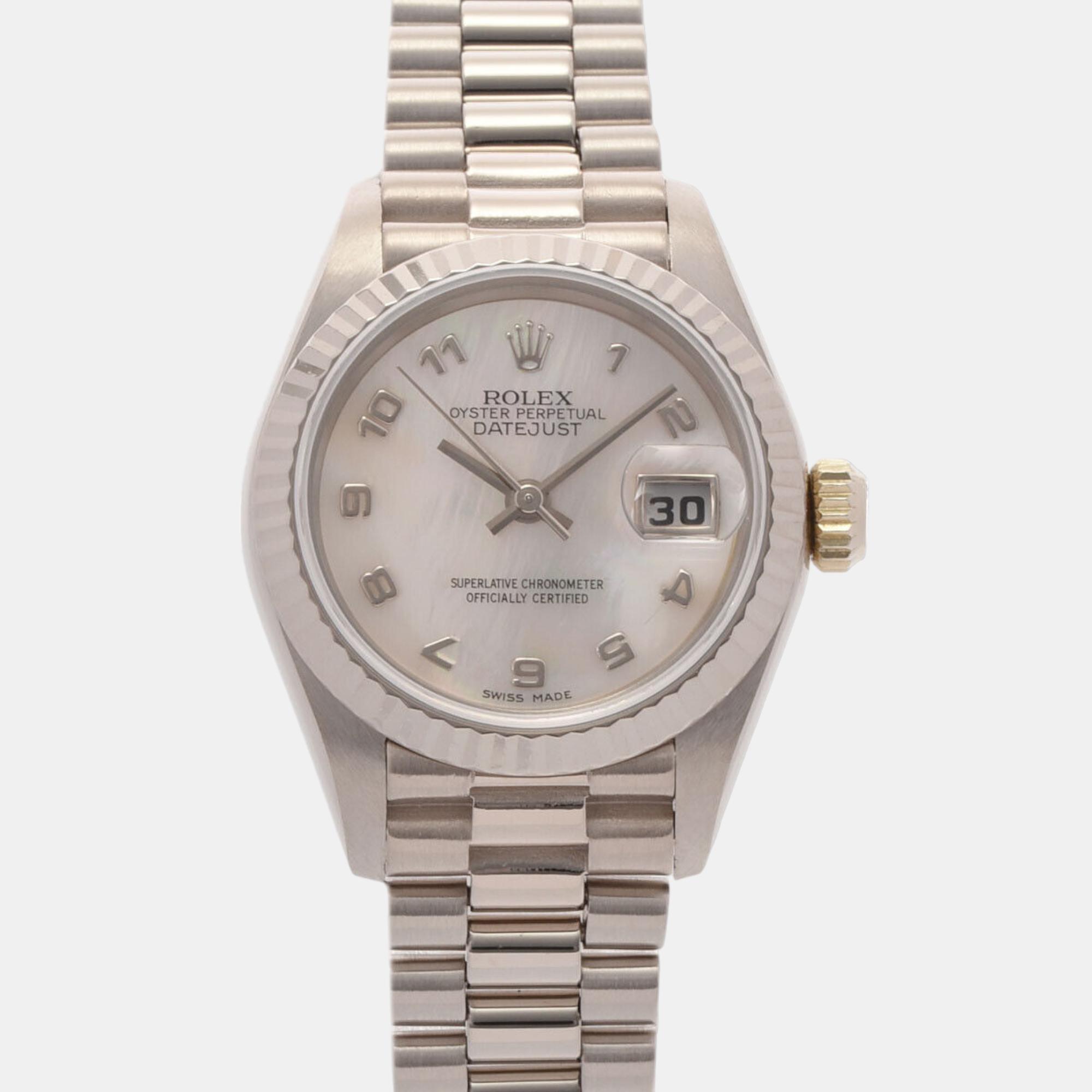 Rolex Silver 18k White Gold Datejust 69179 Automatic Women's Wristwatch 26 Mm