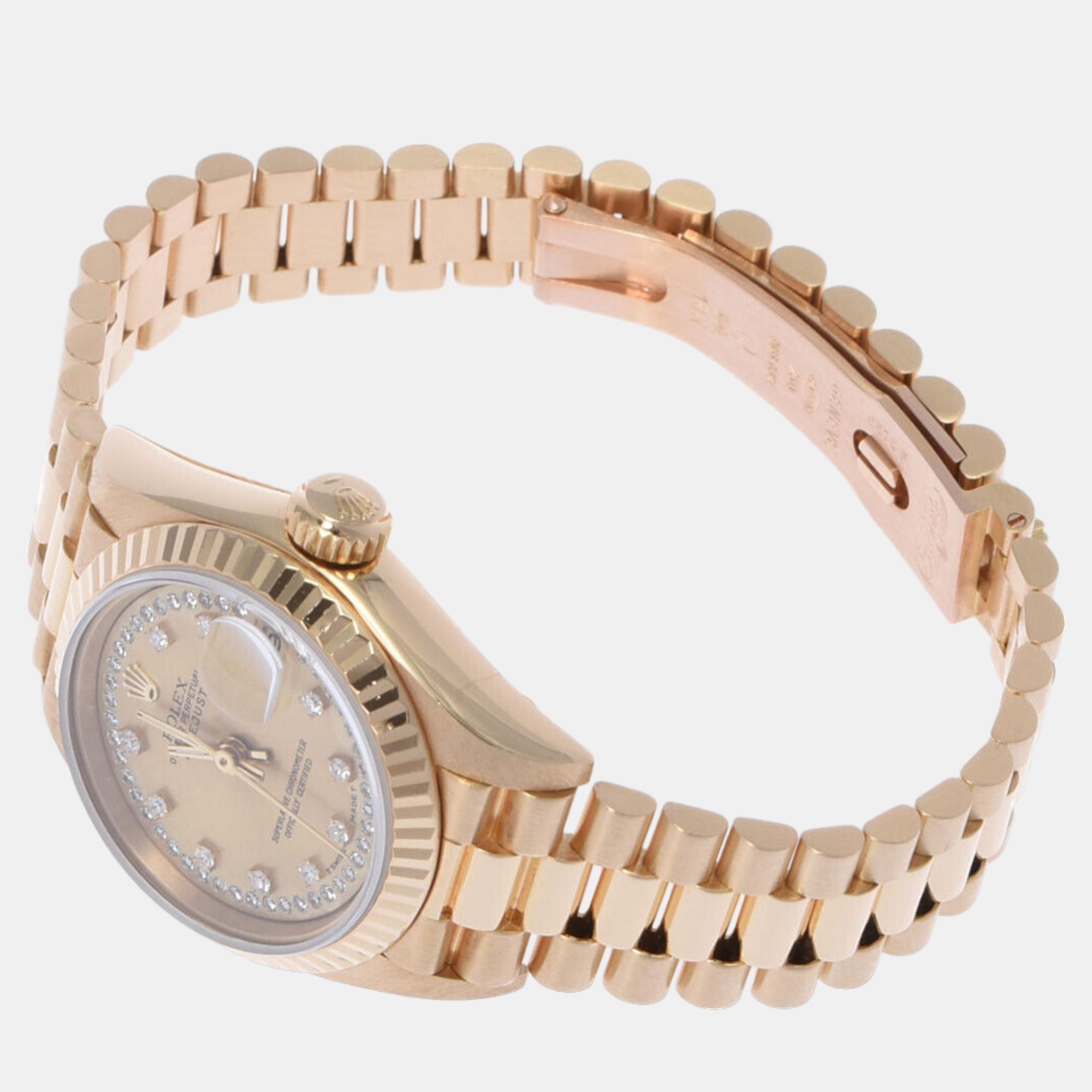 Rolex Champagne Diamond 18k Yellow Gold Datejust 69178 Automatic Women's Wristwatch 26 Mm