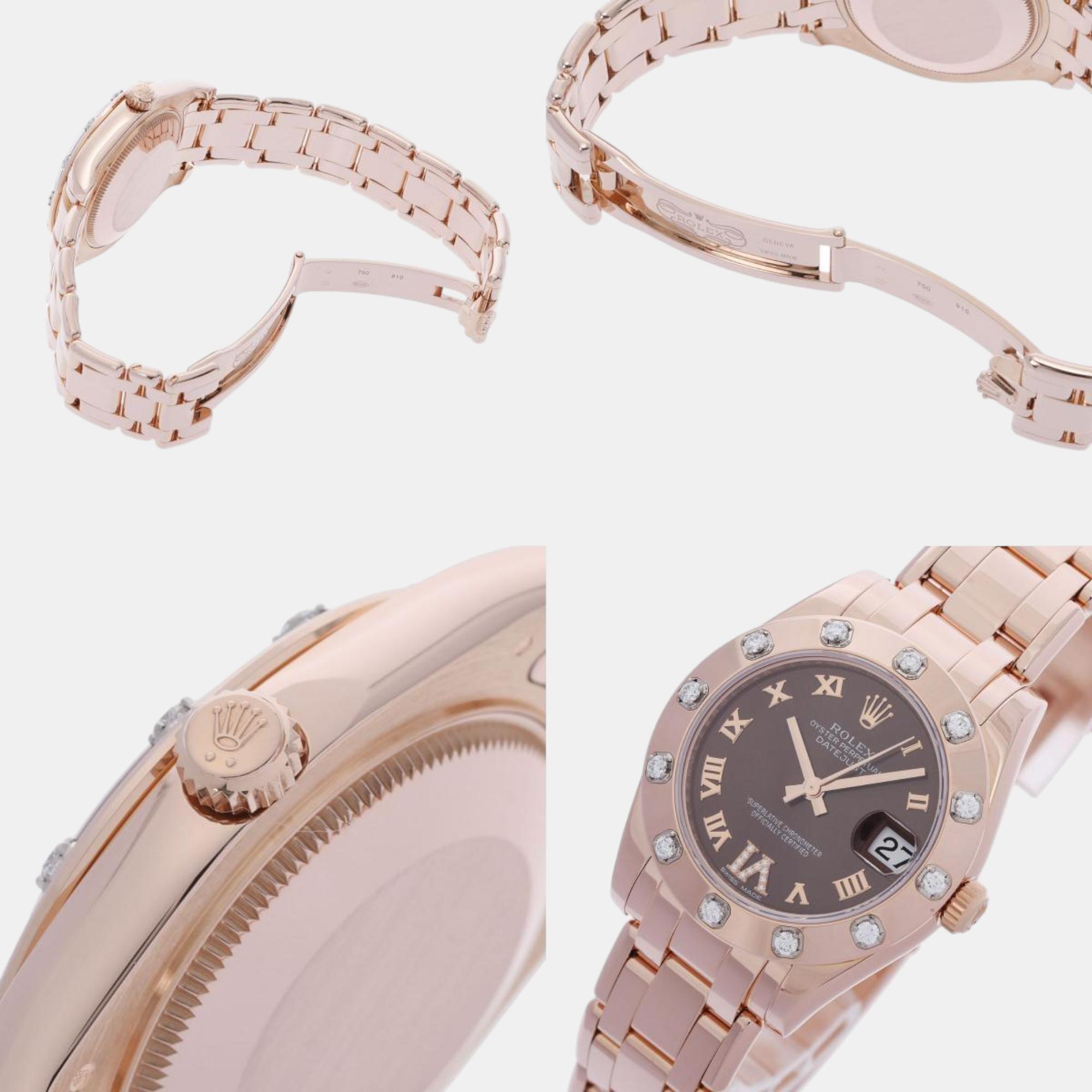 Rolex Brown Diamond 18k Rose Gold Pearlmaster 81315 Automatic Women's Wristwatch 34 Mm