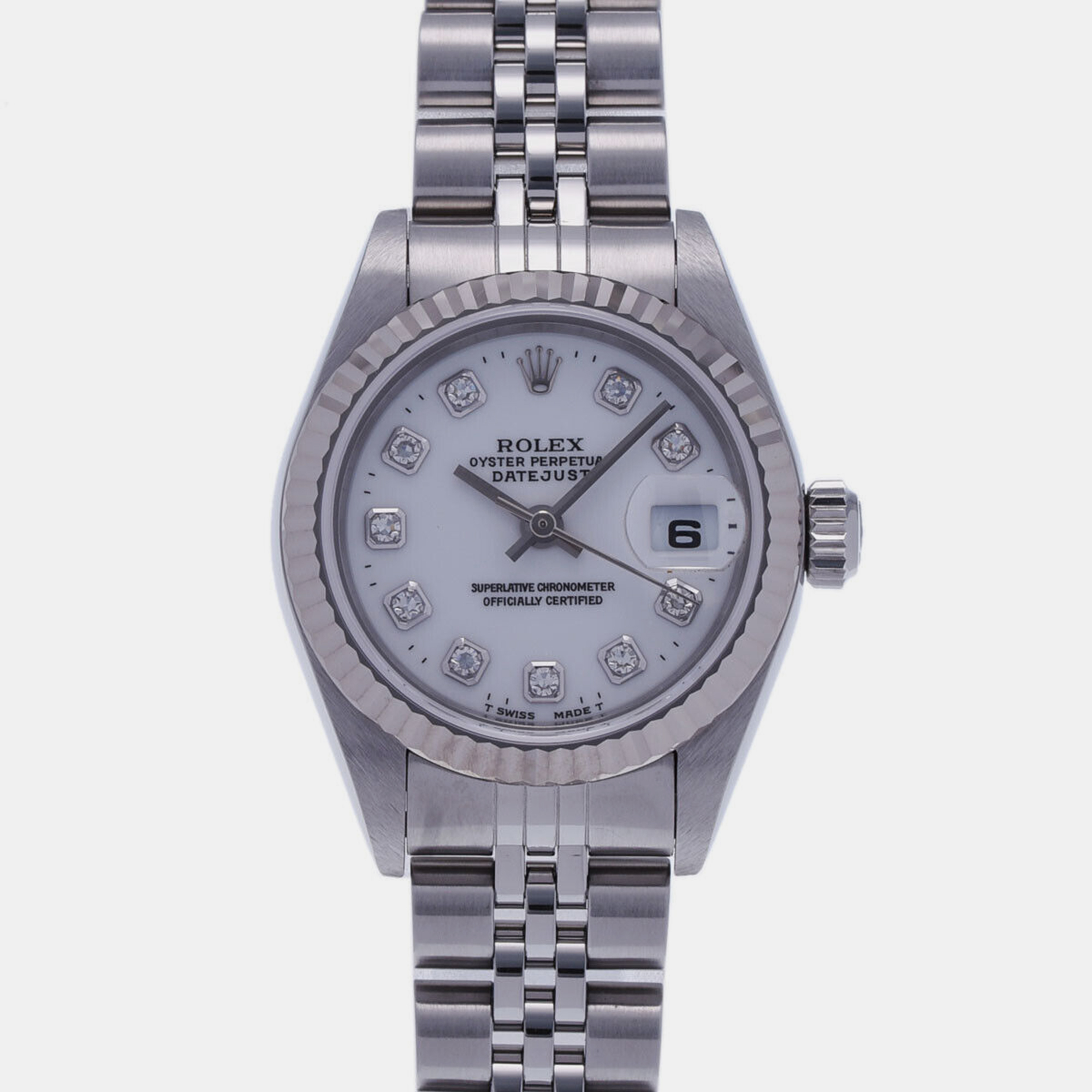 Rolex White Diamond 18k White Gold And Stainless Steel Datejust 79174 Automatic Women's Wristwatch 26 Mm