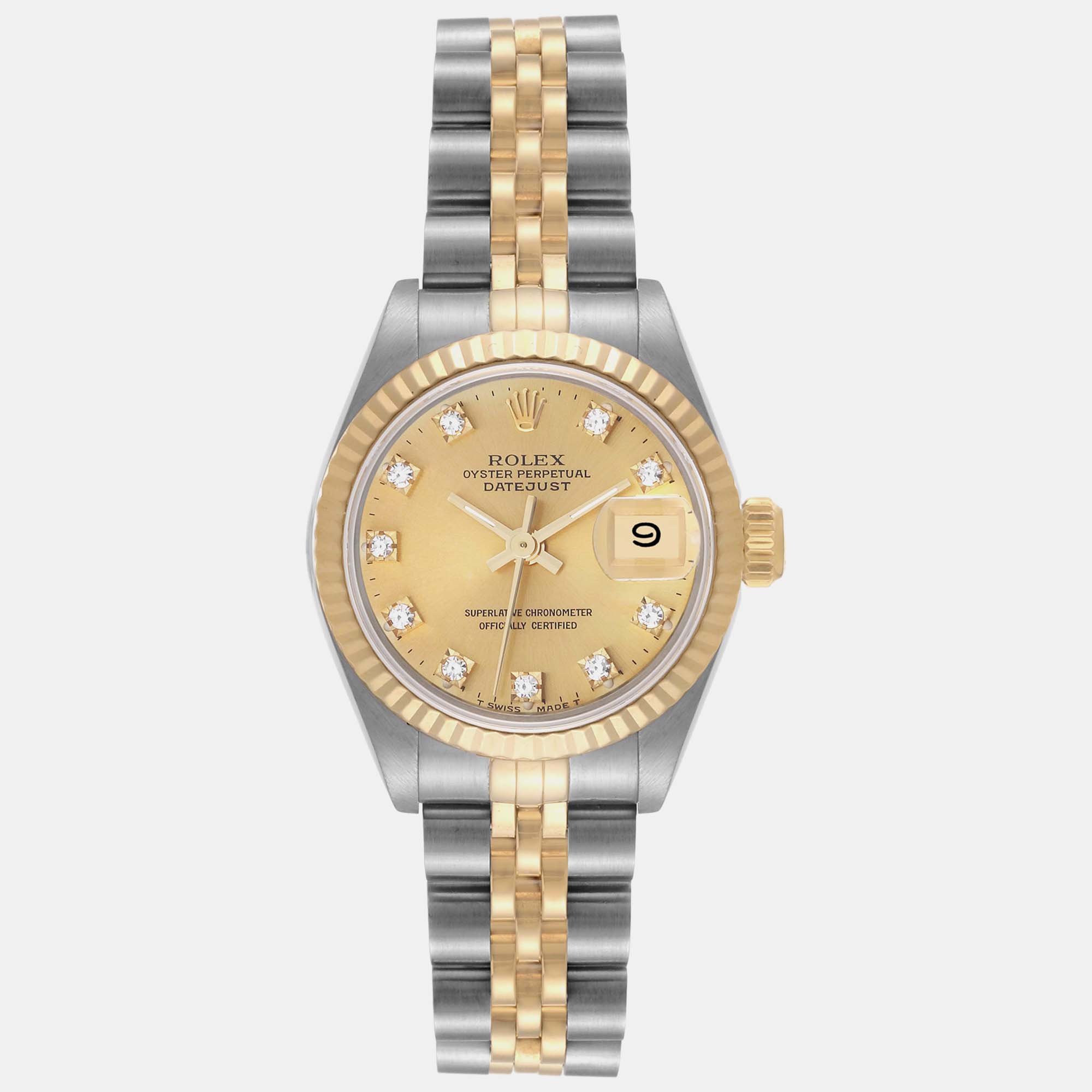Rolex Datejust Steel Yellow Gold Champagne Diamond Dial Ladies Watch 69173 26 Mm