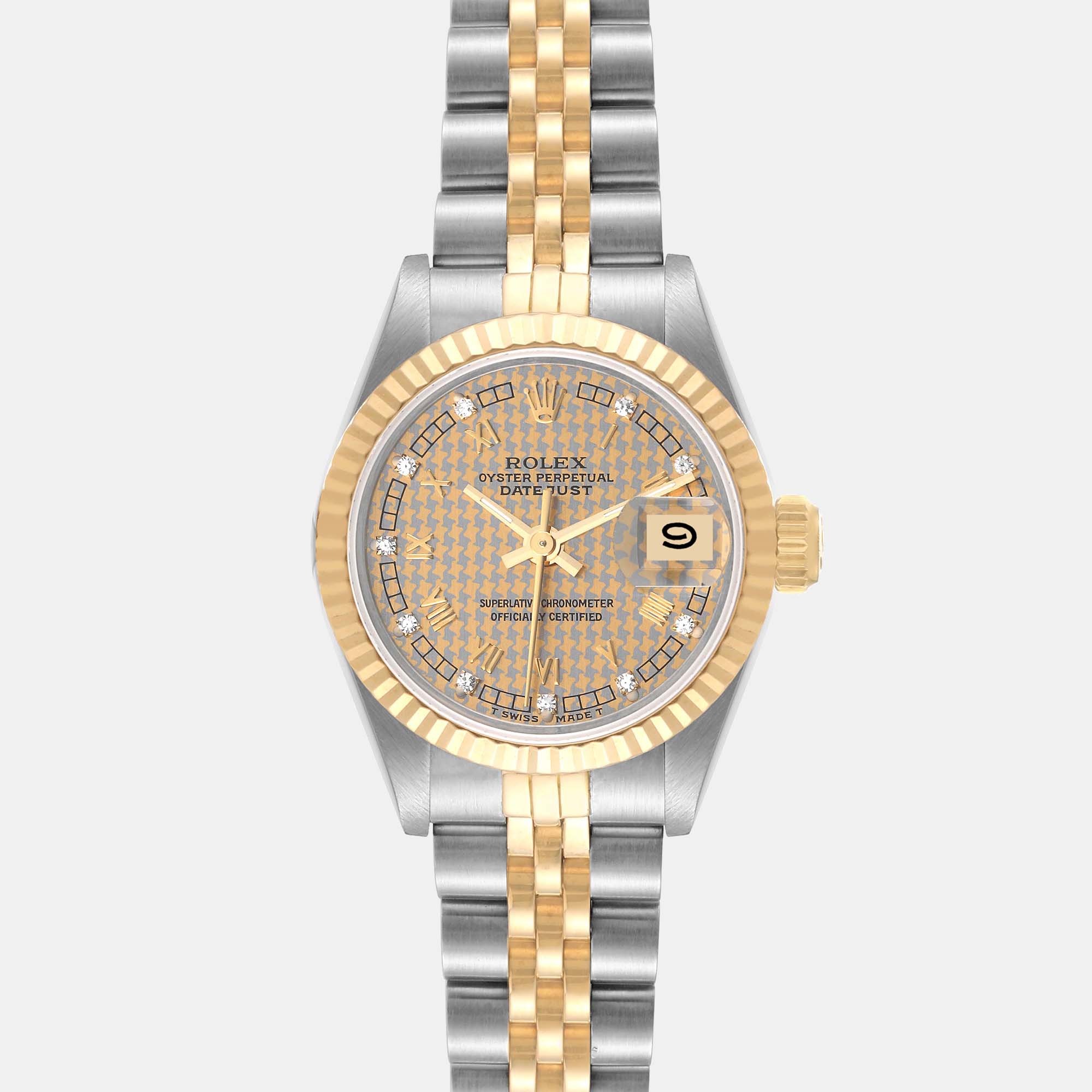 Rolex Datejust Steel Yellow Gold Houndstooth Diamond Dial Ladies Watch 69173 26 Mm