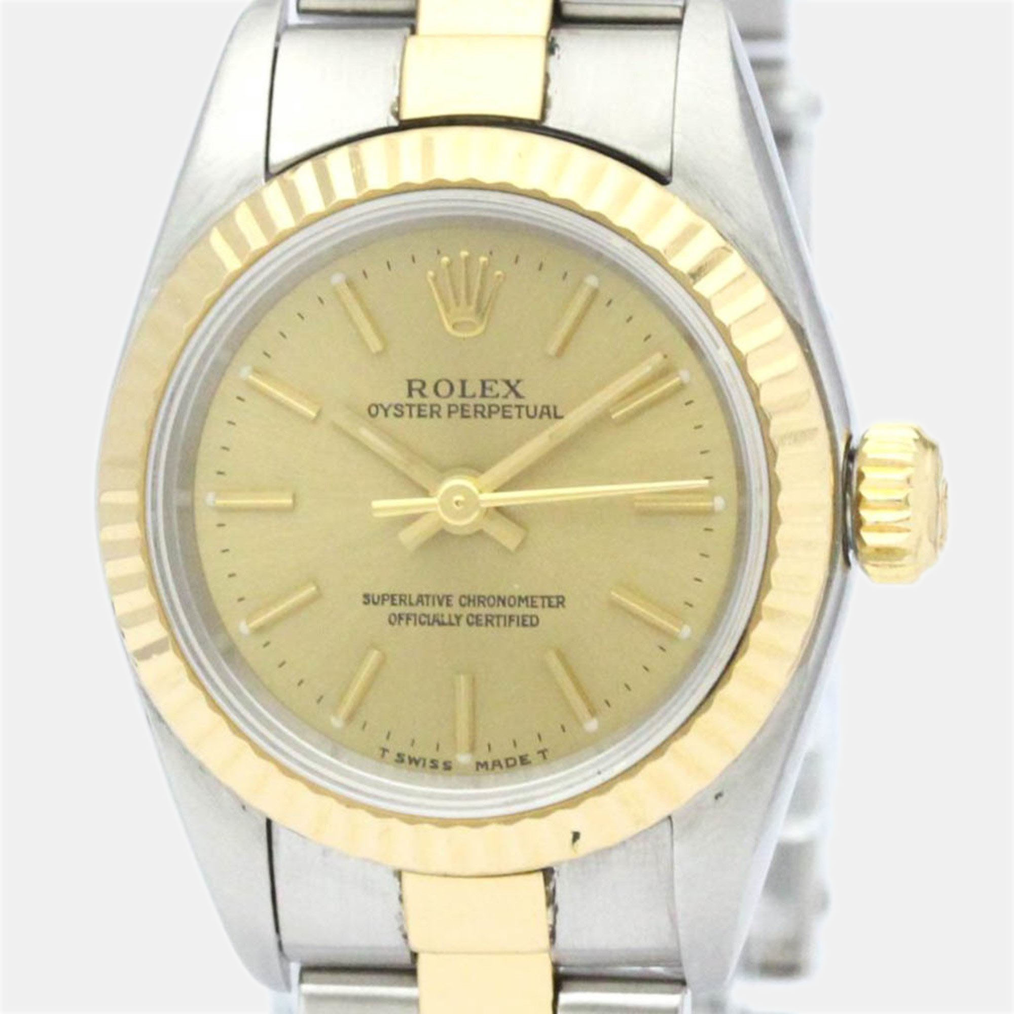 Rolex champagne 18k yellow gold and stainless steel oyster perpetual 67193 automatic women's wristwatch 24 mm