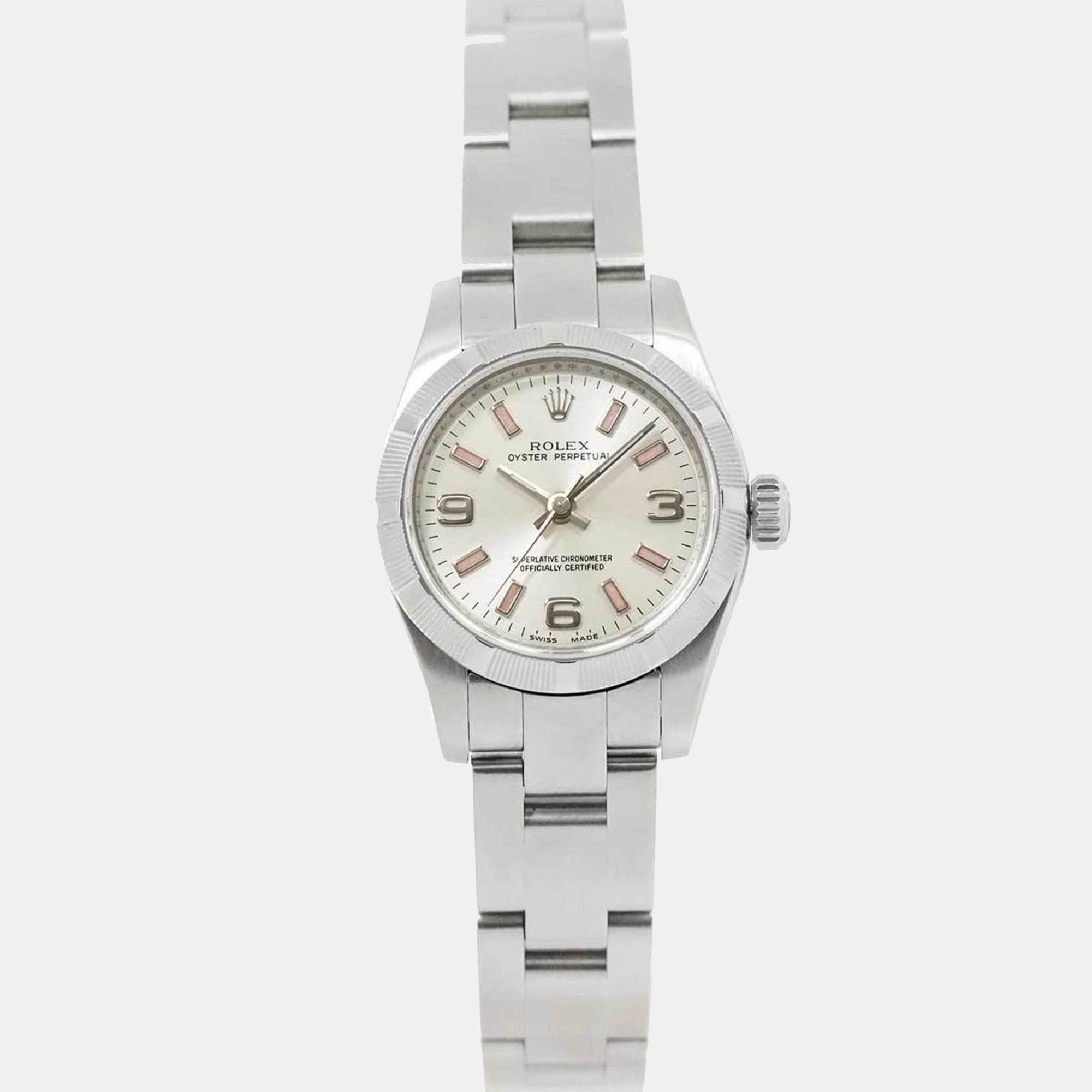 Rolex Silver Stainless Steel Oyster Perpetual 176210 Automatic Women's Wristwatch 26 Mm