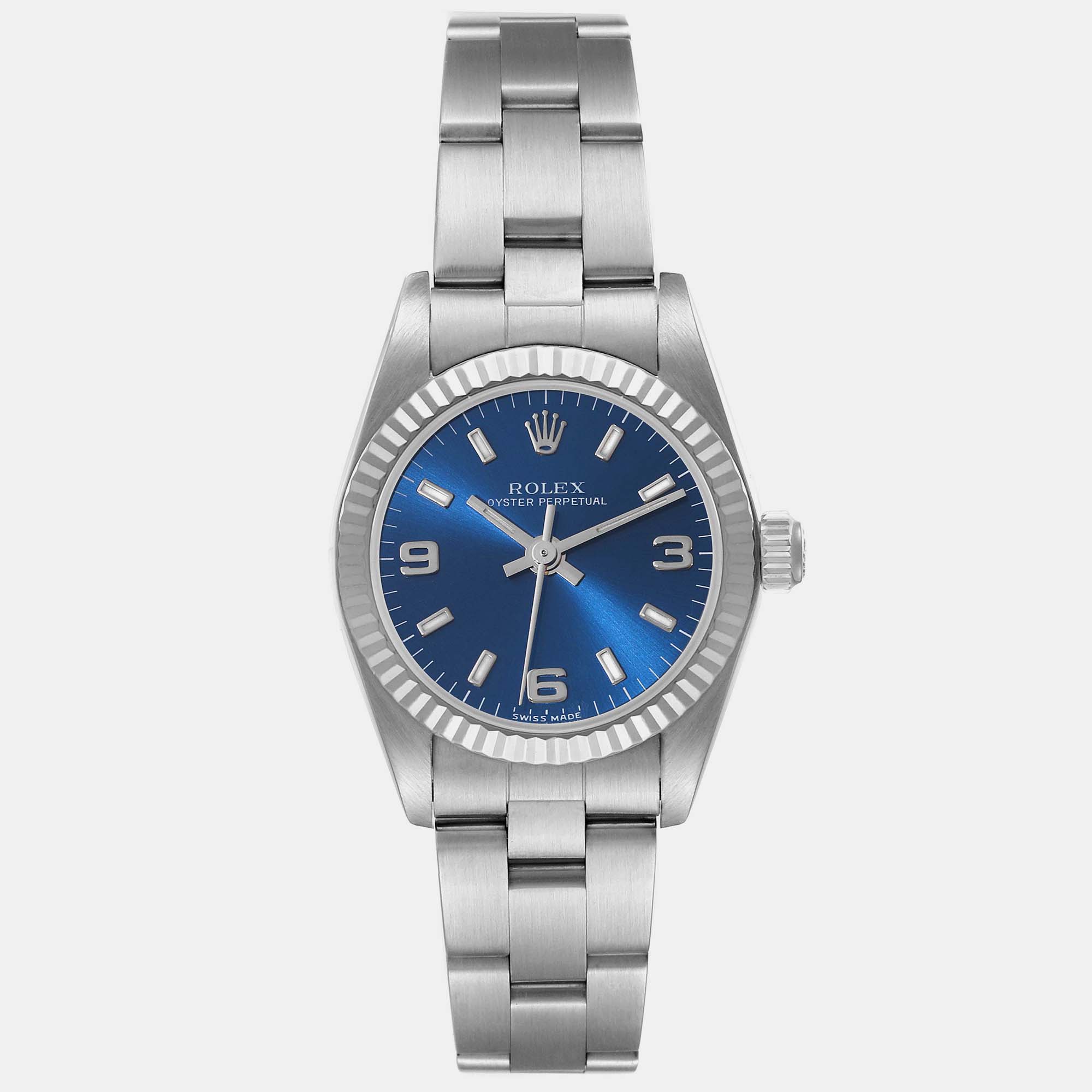 Rolex Oyster Perpetual Blue Dial Steel White Gold Ladies Watch 76094 24 Mm