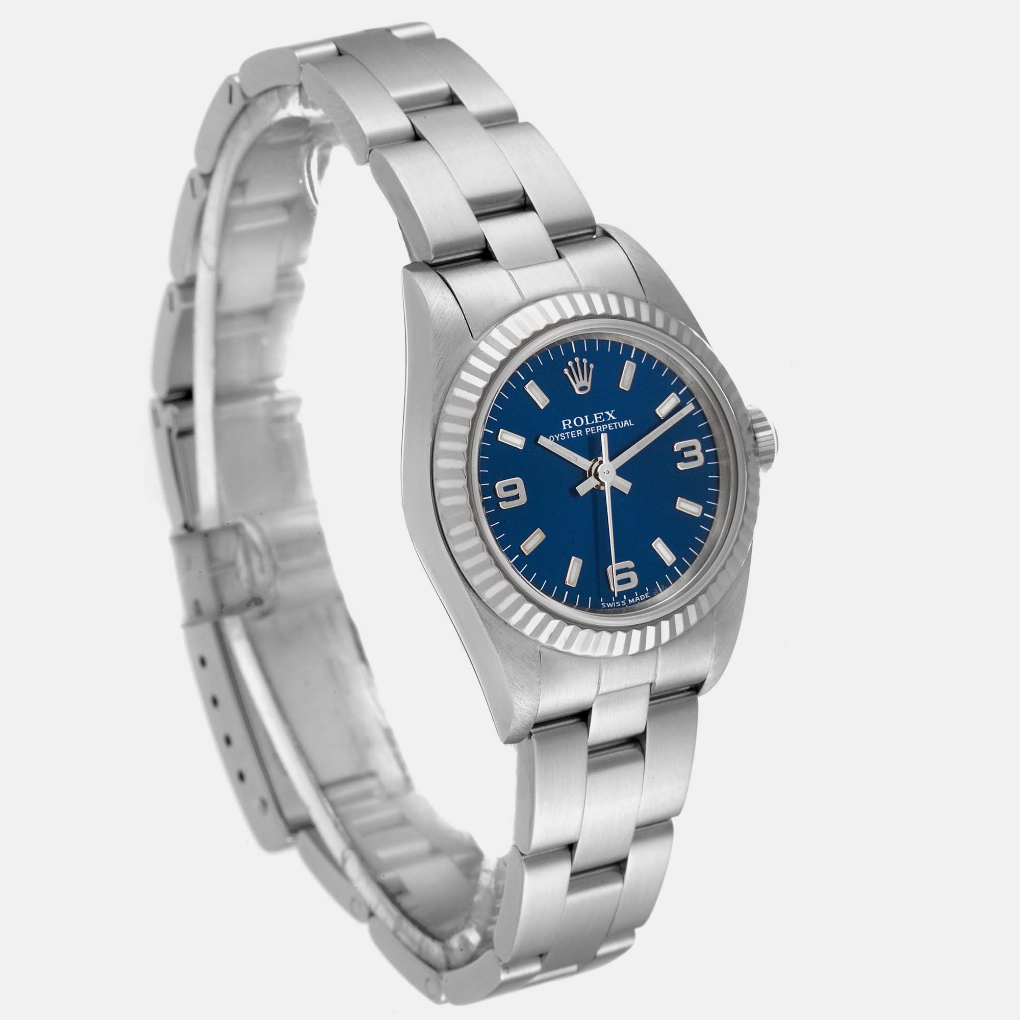 Rolex Oyster Perpetual Blue Dial Steel White Gold Ladies Watch 76094 24 Mm