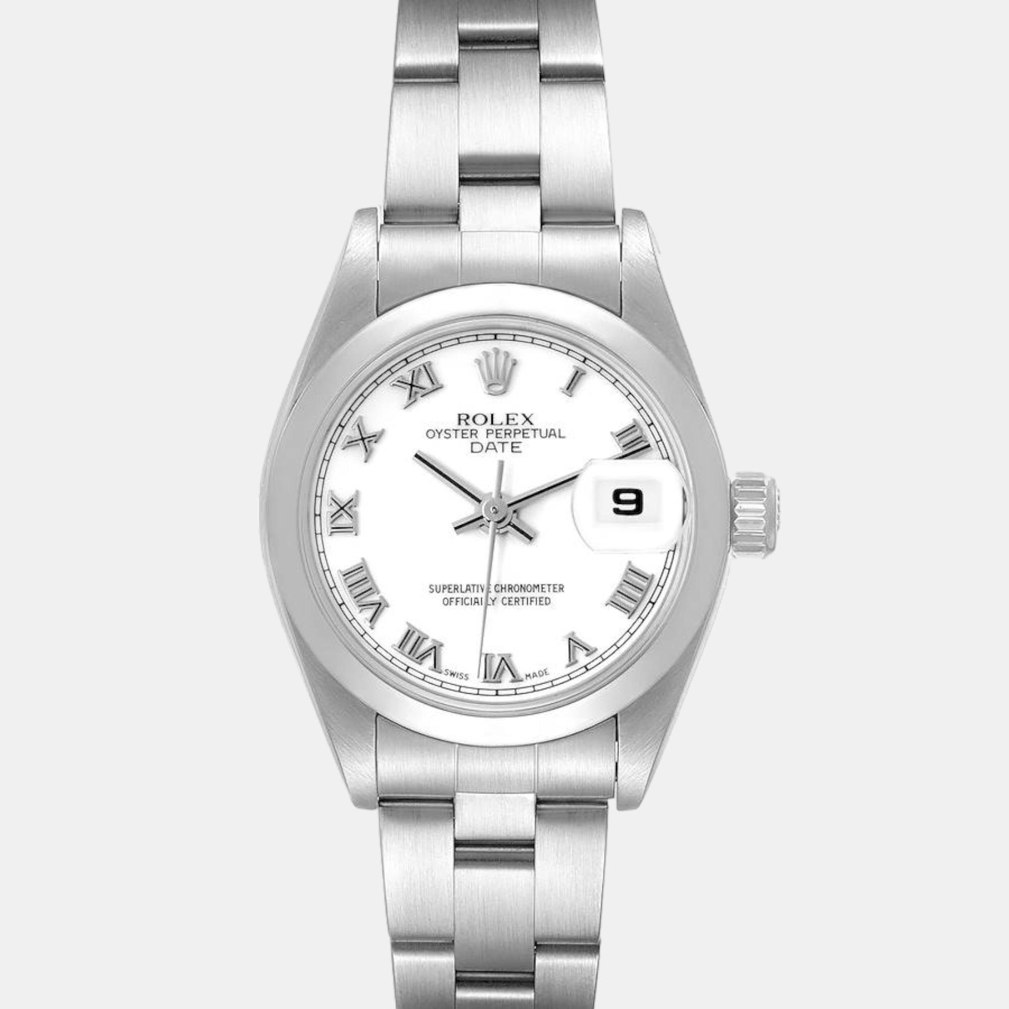 Rolex Date White Roman Dial Domed Bezel Steel Ladies Watch 79160