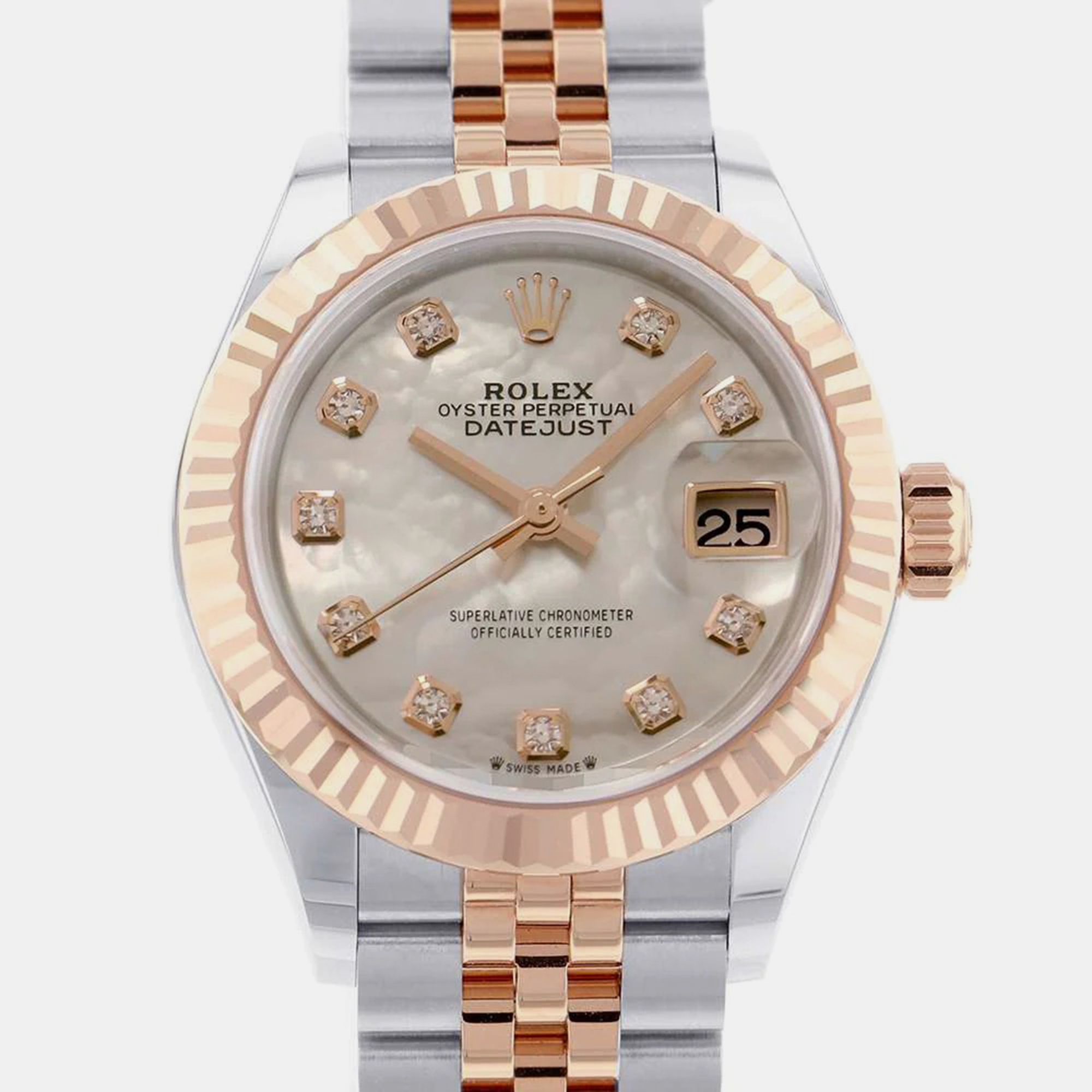 Rolex Mother Of Pearl Diamond 18k Rose Gold And Stainless Steel Datejust 279171 Automatic Women's Wristwatch 28 Mm
