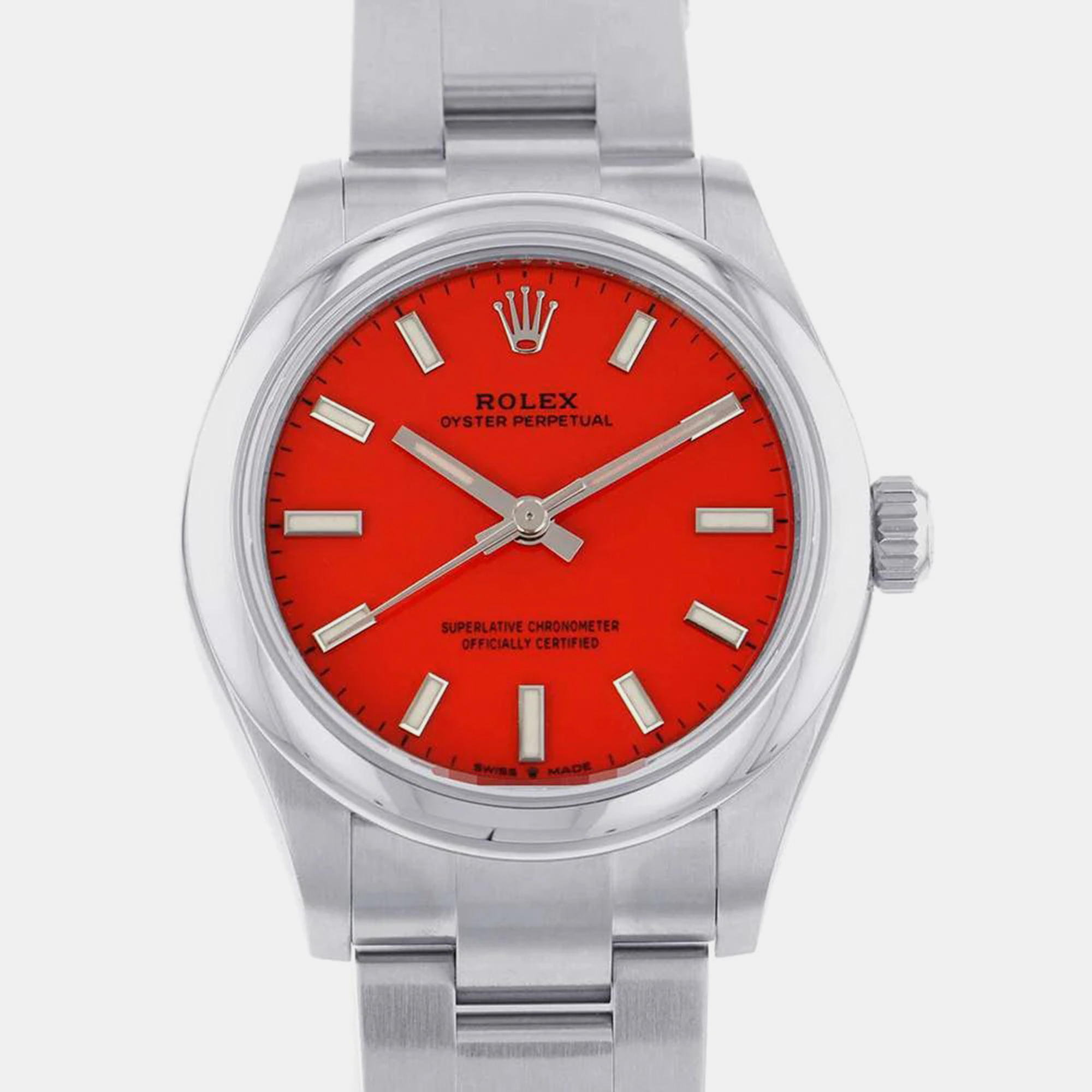 Rolex Red Stainless Steel Oyster Perpetual 277200 Automatic Women's Wristwatch 31 Mm