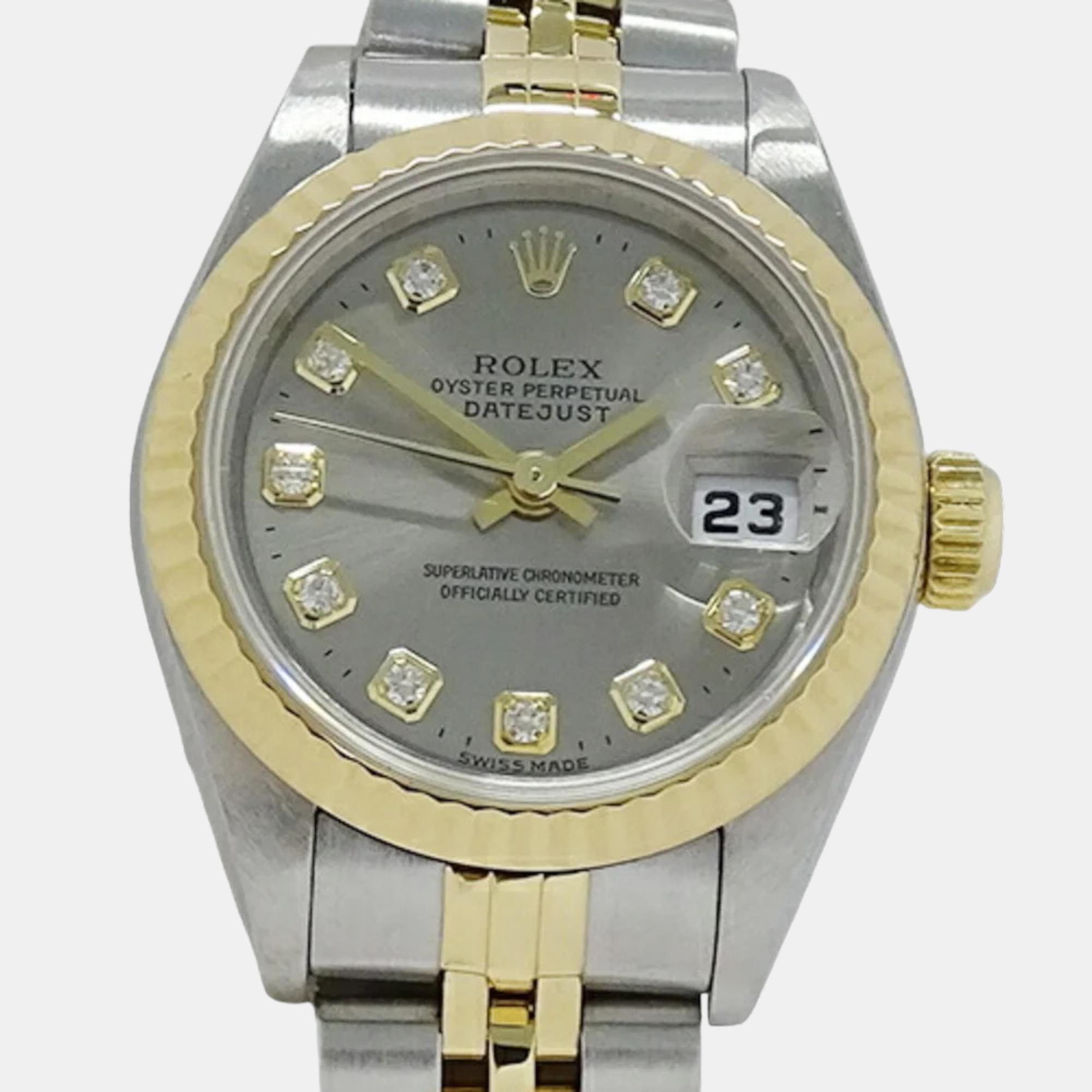 Rolex Grey Diamond 18k Yellow Gold And Stainless Steel Datejust 69173 Automatic Women's Wristwatch 26 Mm
