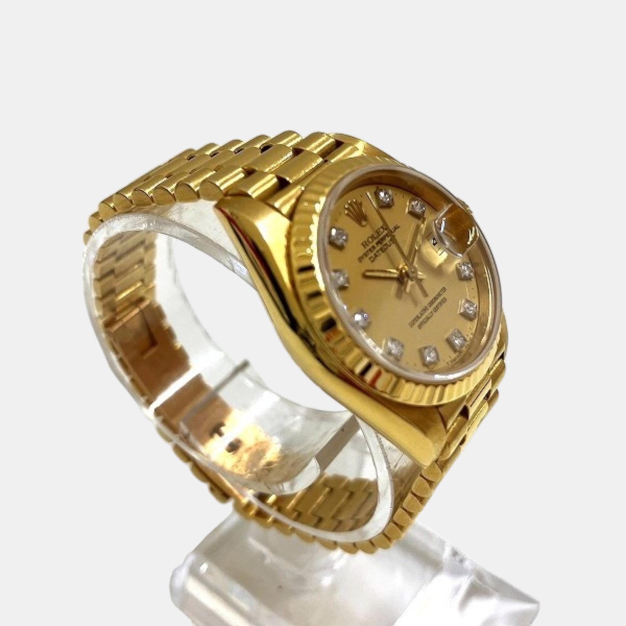 Rolex Champagne Diamond 18k Yellow Gold Datejust 69178 Automatic Women's Wristwatch 27 Mm