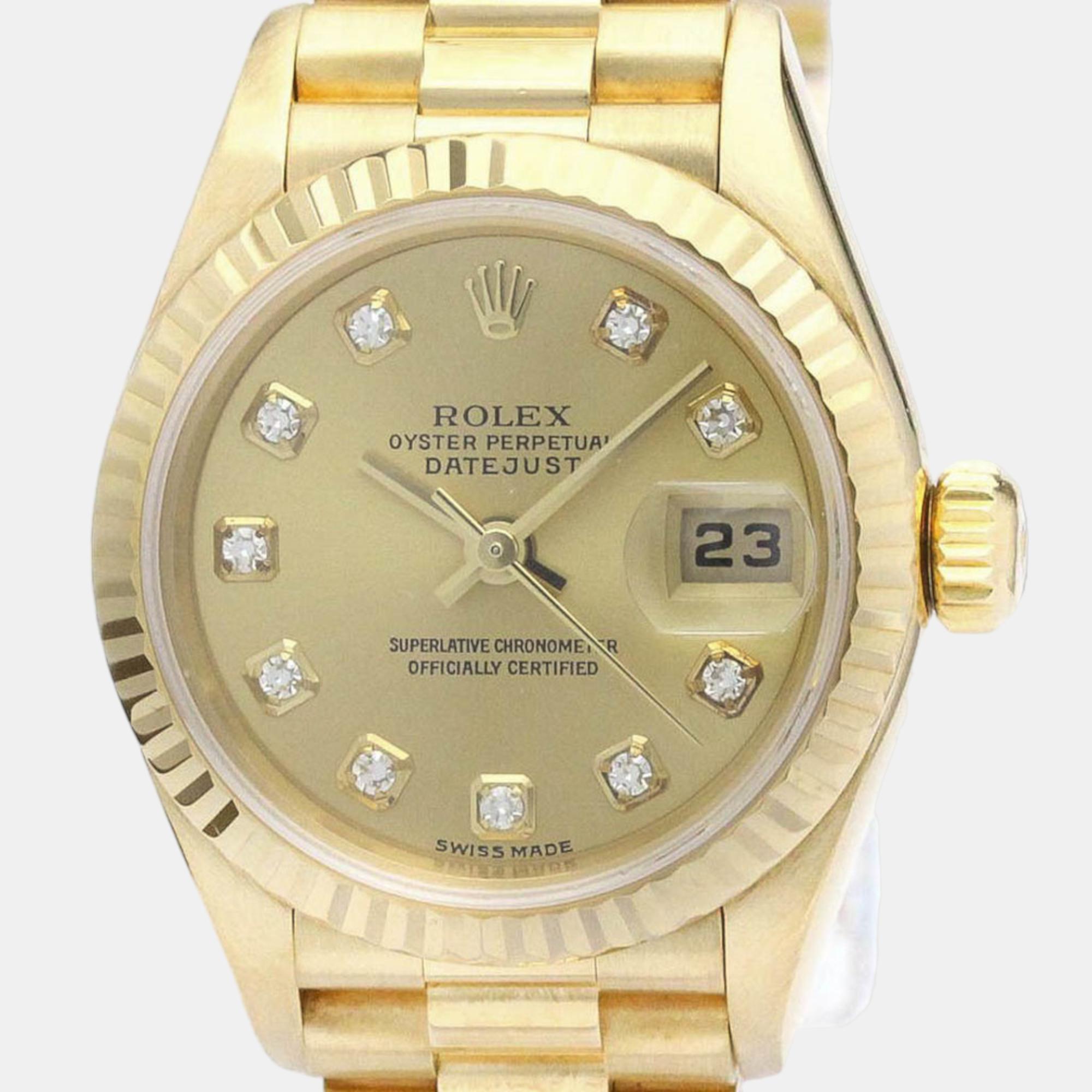 Rolex champagne diamond 18k yellow gold datejust 79178 automatic women's wristwatch 26 mm