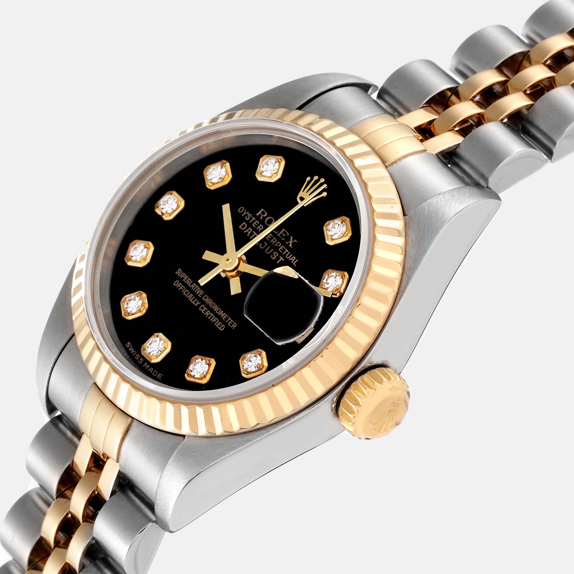 Rolex Datejust Steel Yellow Gold Black Diamond Dial Ladies Watch 79173 26 mm
Rolex Datejust Steel Yellow Gold Black Diamond Dial Ladies Watch 79173 26 mm