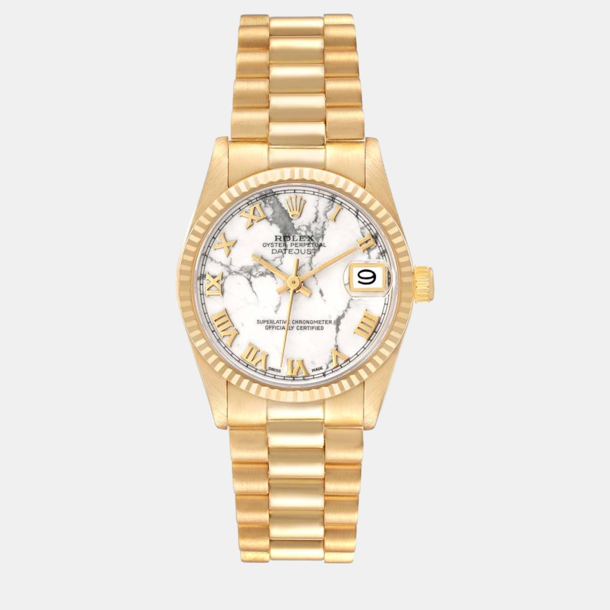 Rolex President Midsize Marble Dial Yellow Gold Ladies Watch 68278