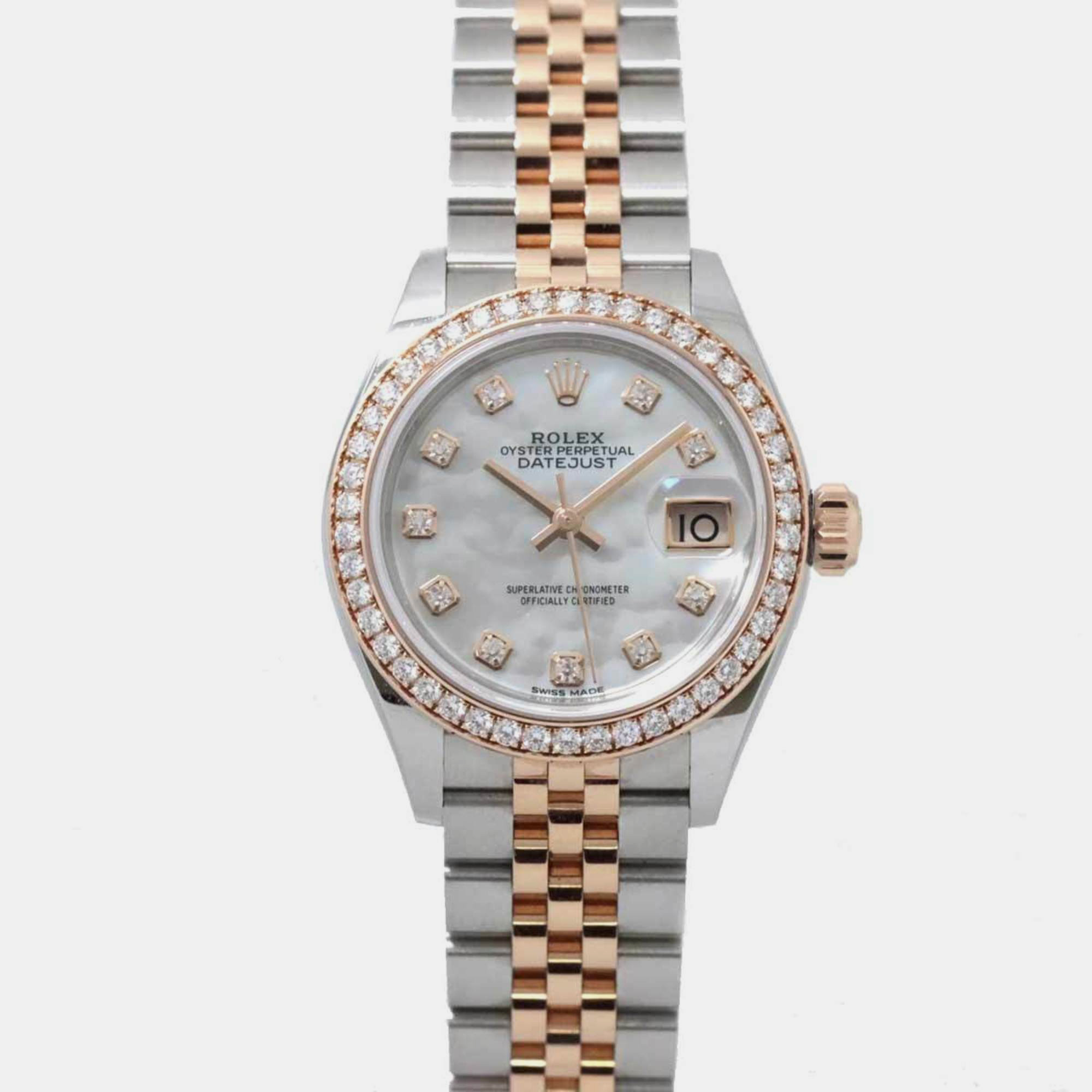 Rolex White Shell Diamond 18k Rose Gold And Stainless Steel Datejust 279381RBR Automatic Women's Wristwatch 28 Mm