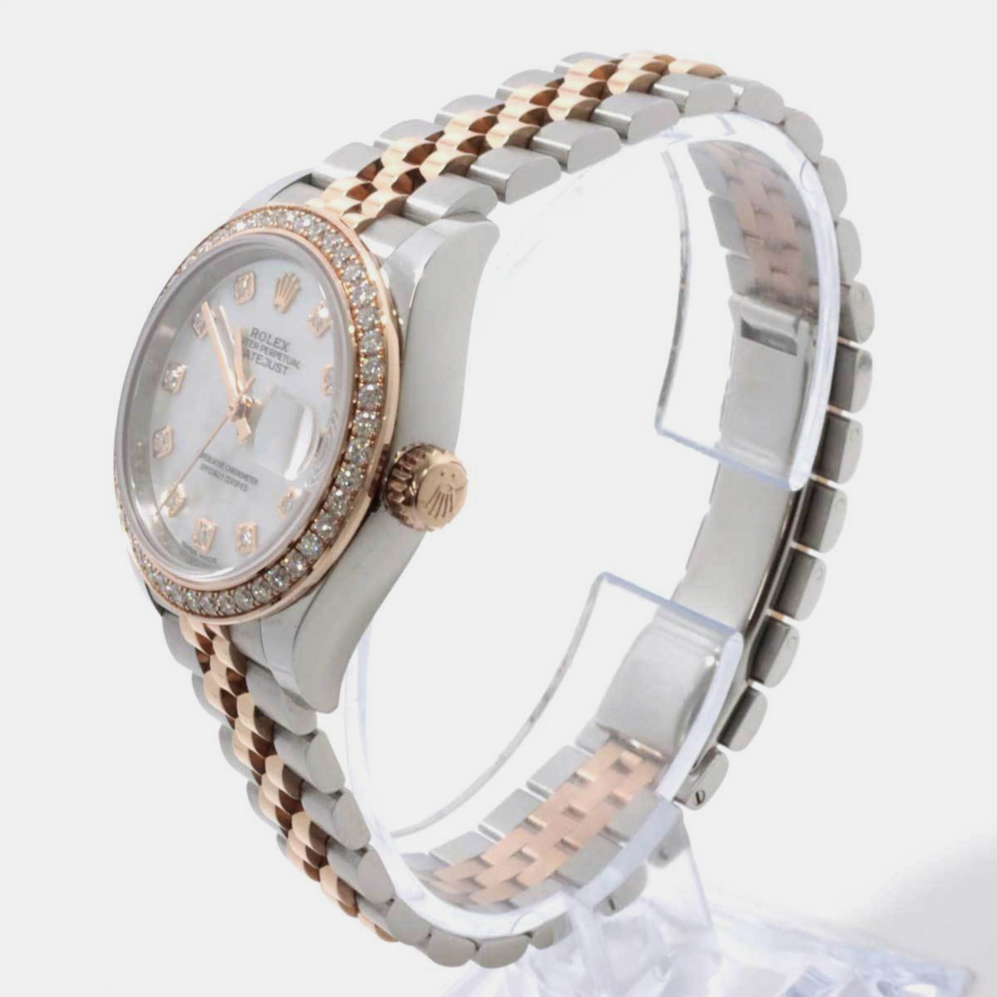 Rolex White Shell Diamond 18k Rose Gold And Stainless Steel Datejust 279381RBR Automatic Women's Wristwatch 28 Mm