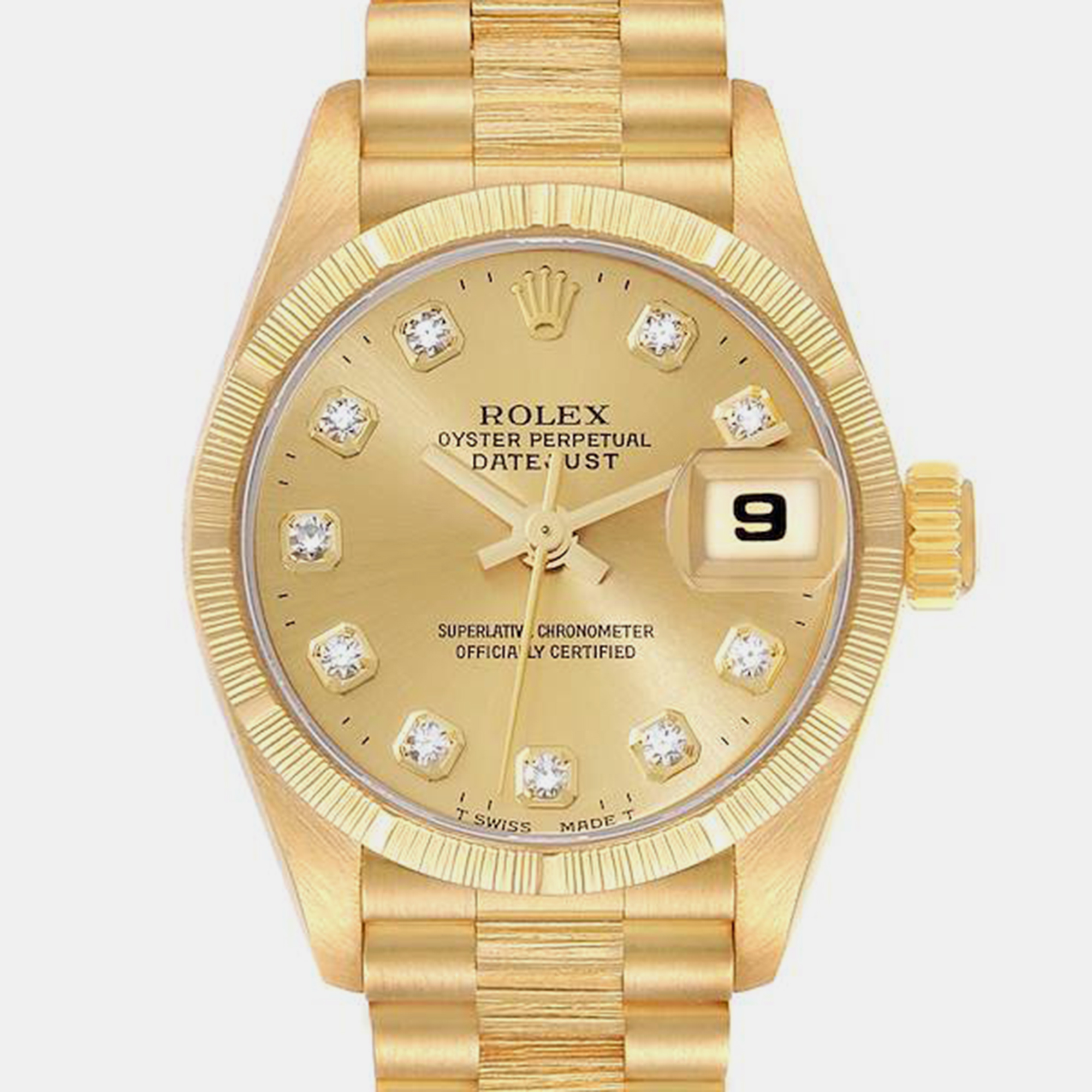 Rolex Datejust President Diamond Dial Yellow Gold Bark Finish Ladies Watch 69278 26 Mm