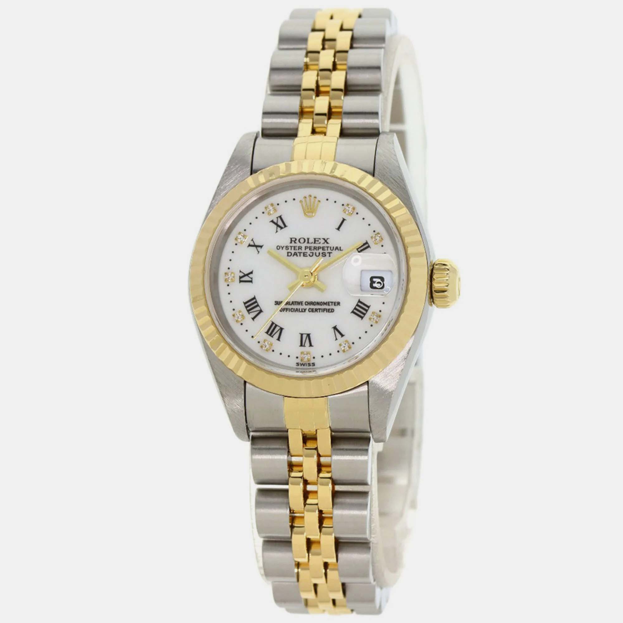 Rolex White Diamond 18k Yellow Gold And Stainless Steel Datejust 79173 Automatic Women's Wristwatch 26 Mm