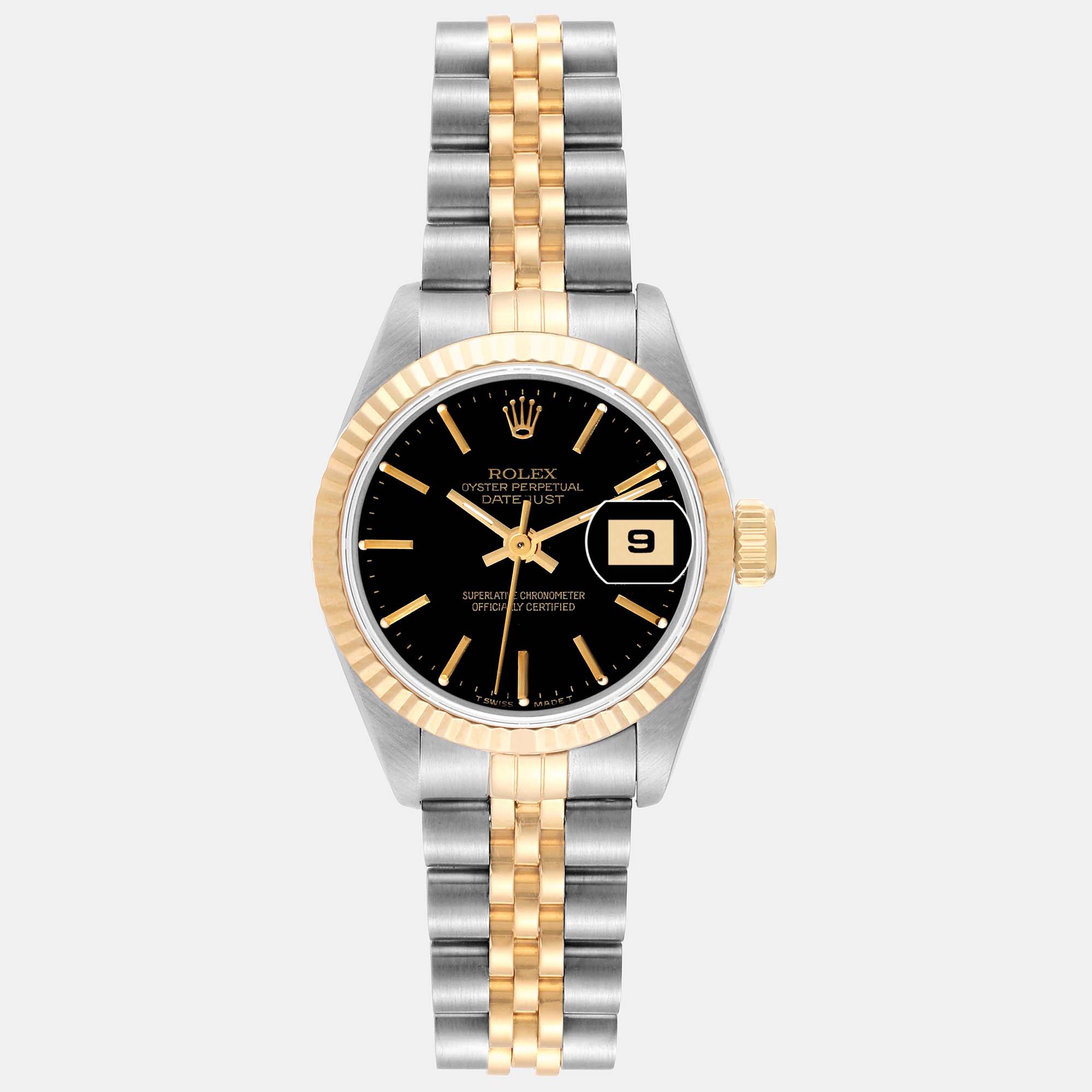 Rolex datejust steel yellow gold black dial ladies watch 69173 26 mm