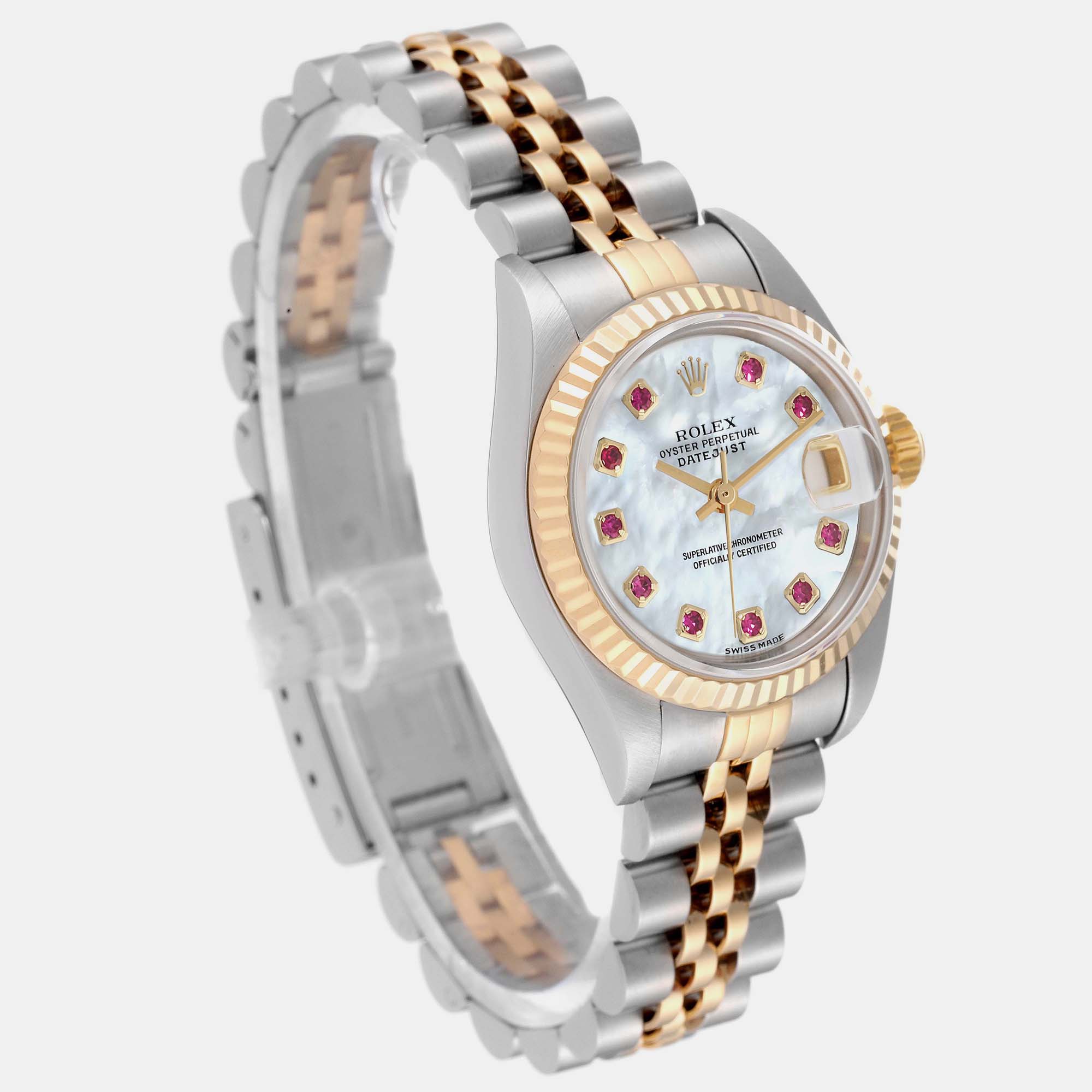 Rolex Datejust Steel Yellow Gold Mother Of Pearl Ruby Dial Ladies Watch 79173 26 Mm