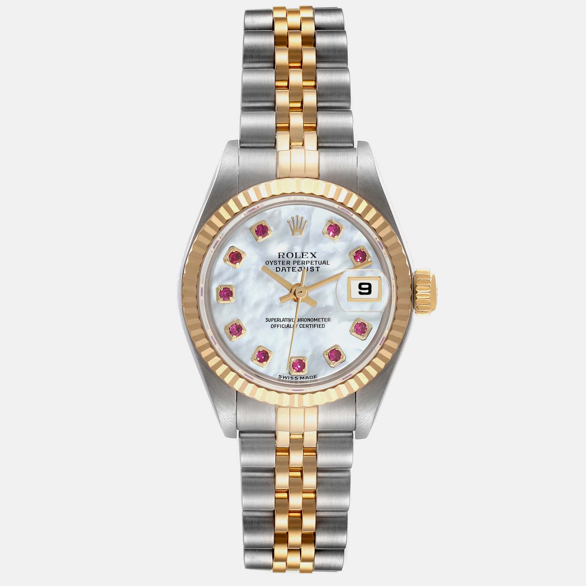 Rolex Datejust Steel Yellow Gold Mother Of Pearl Ruby Dial Ladies Watch 79173 26 Mm