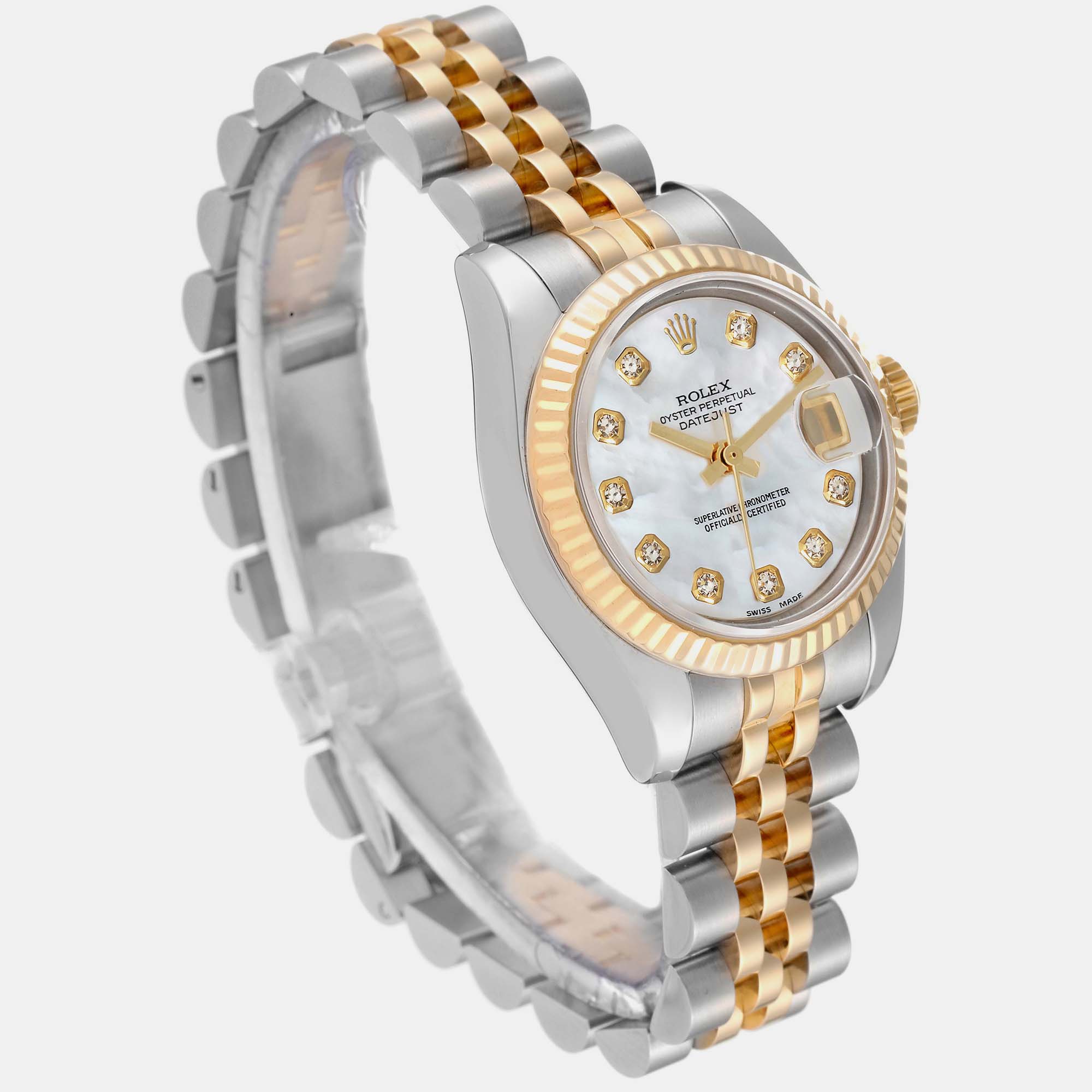 Rolex Datejust Steel Yellow Gold Mother Of Pearl Diamond Dial Ladies Watch 179173 26 Mm