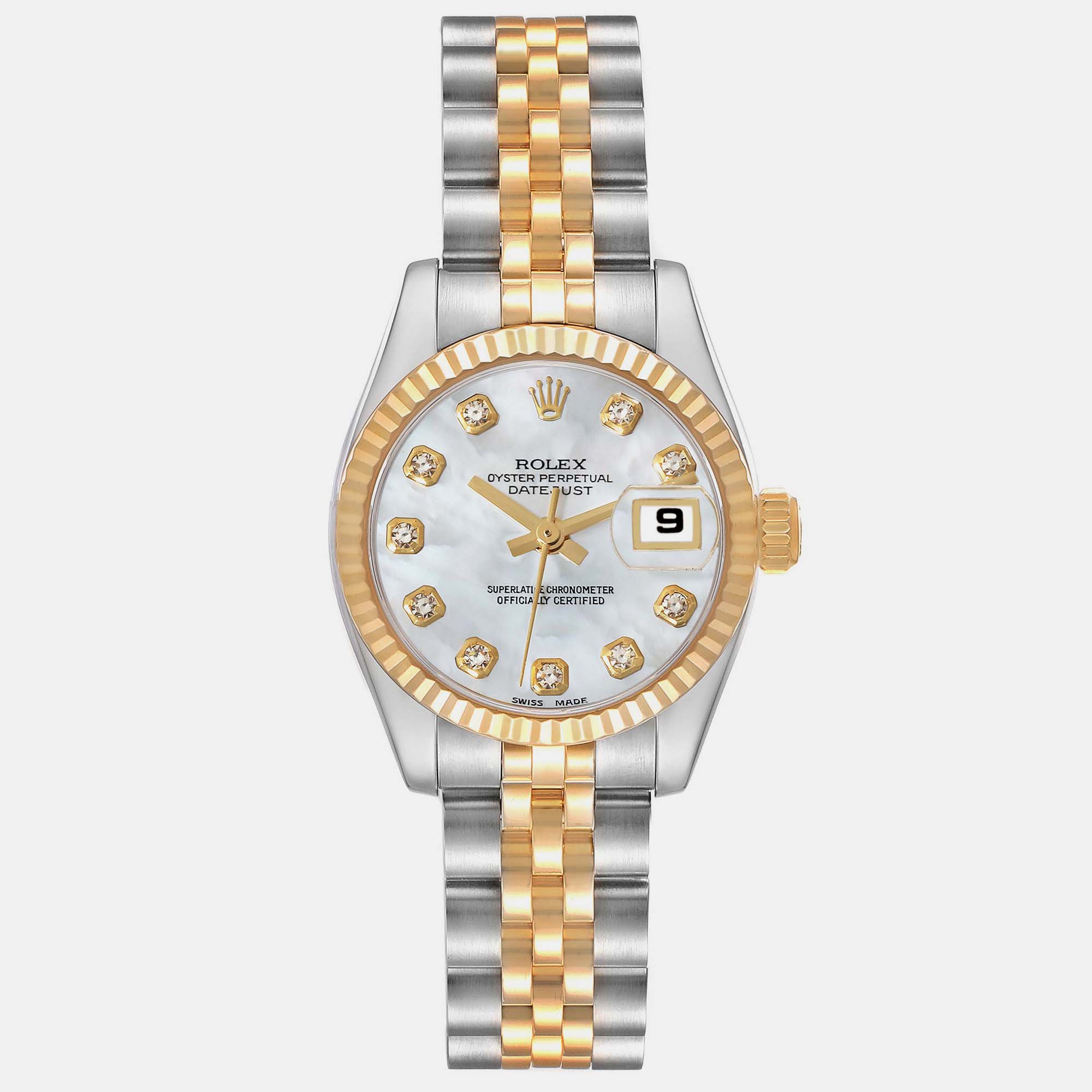 Rolex Datejust Steel Yellow Gold Mother Of Pearl Diamond Dial Ladies Watch 179173 26 Mm
