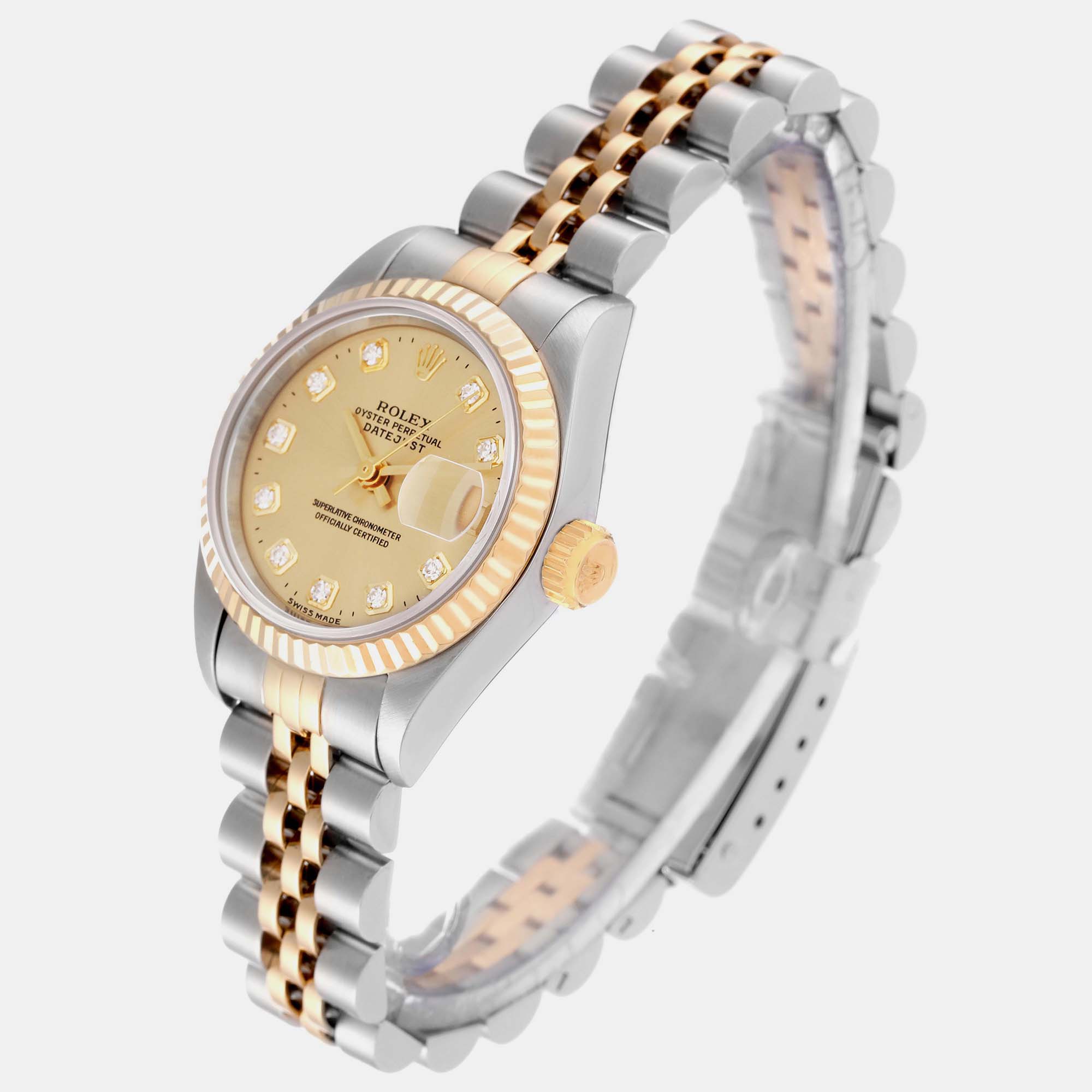 Rolex Datejust Steel Yellow Gold Champagne Diamond Dial Ladies Watch 69173