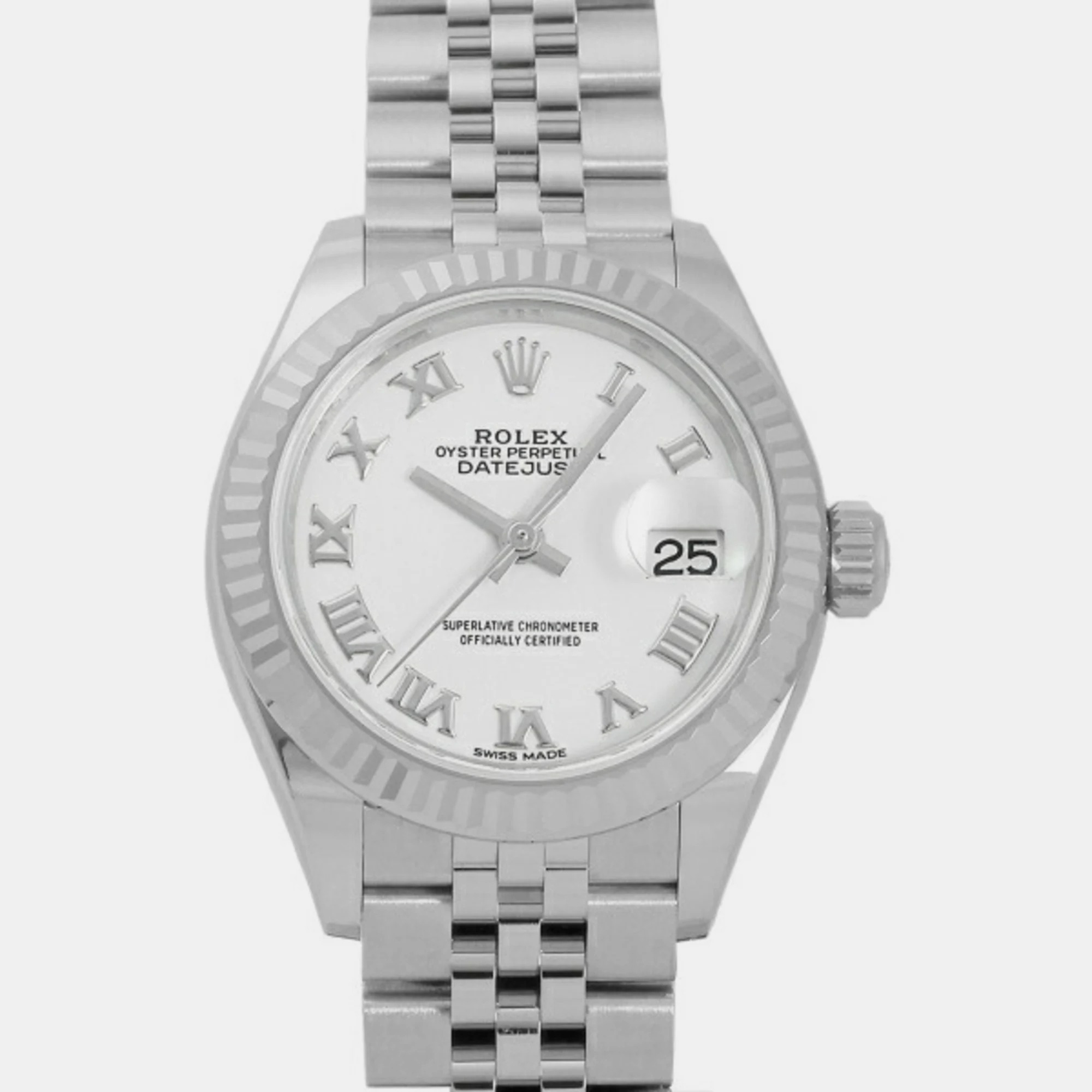 Rolex White 18k White Gold And Stainless Steel Datejust 279174 Automatic Women's Wristwatch 28 Mm