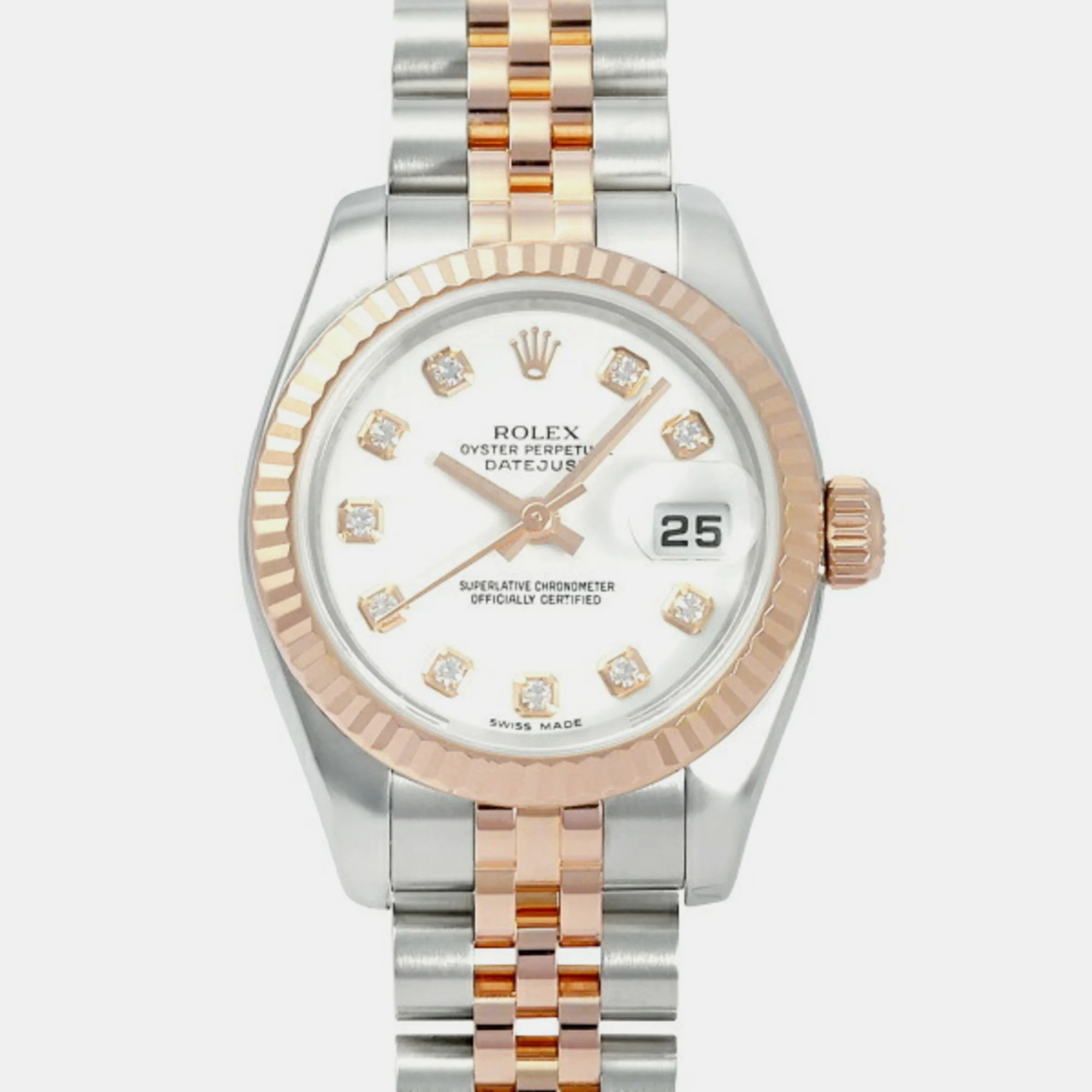 Rolex White Diamond 18k Rose Gold And Stainless Steel Datejust 179171 Automatic Women's Wristwatch 26 Mm