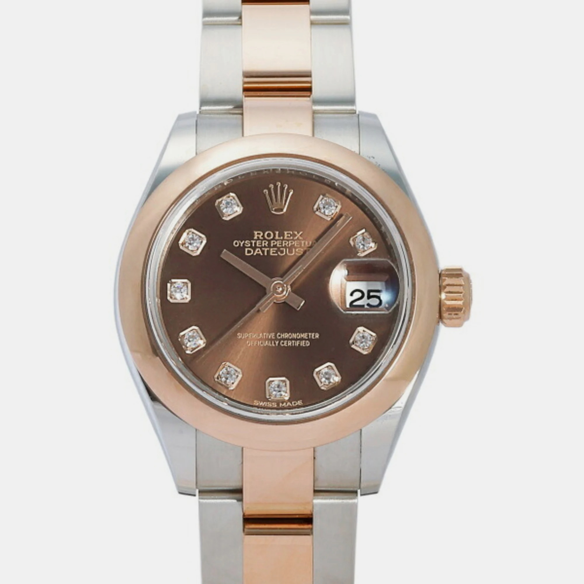 Rolex Brown Diamond 18k Rose Gold And Stainless Steel Datejust 279161 Automatic Women's Wristwatch 28 Mm