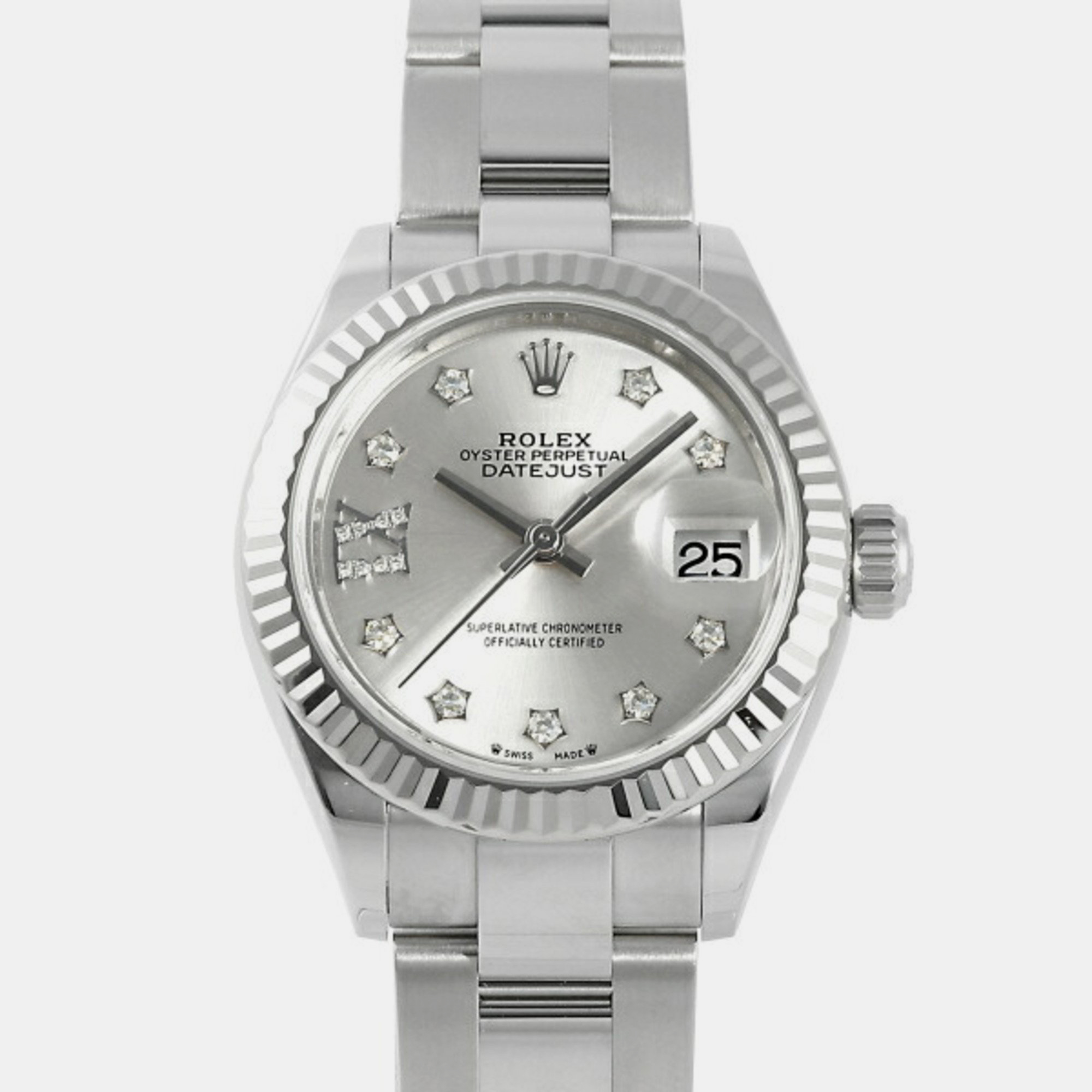Rolex Silver Diamond 18k White Gold And Stainless Steel Datejust 279174 Automatic Women's Wristwatch 28 Mm