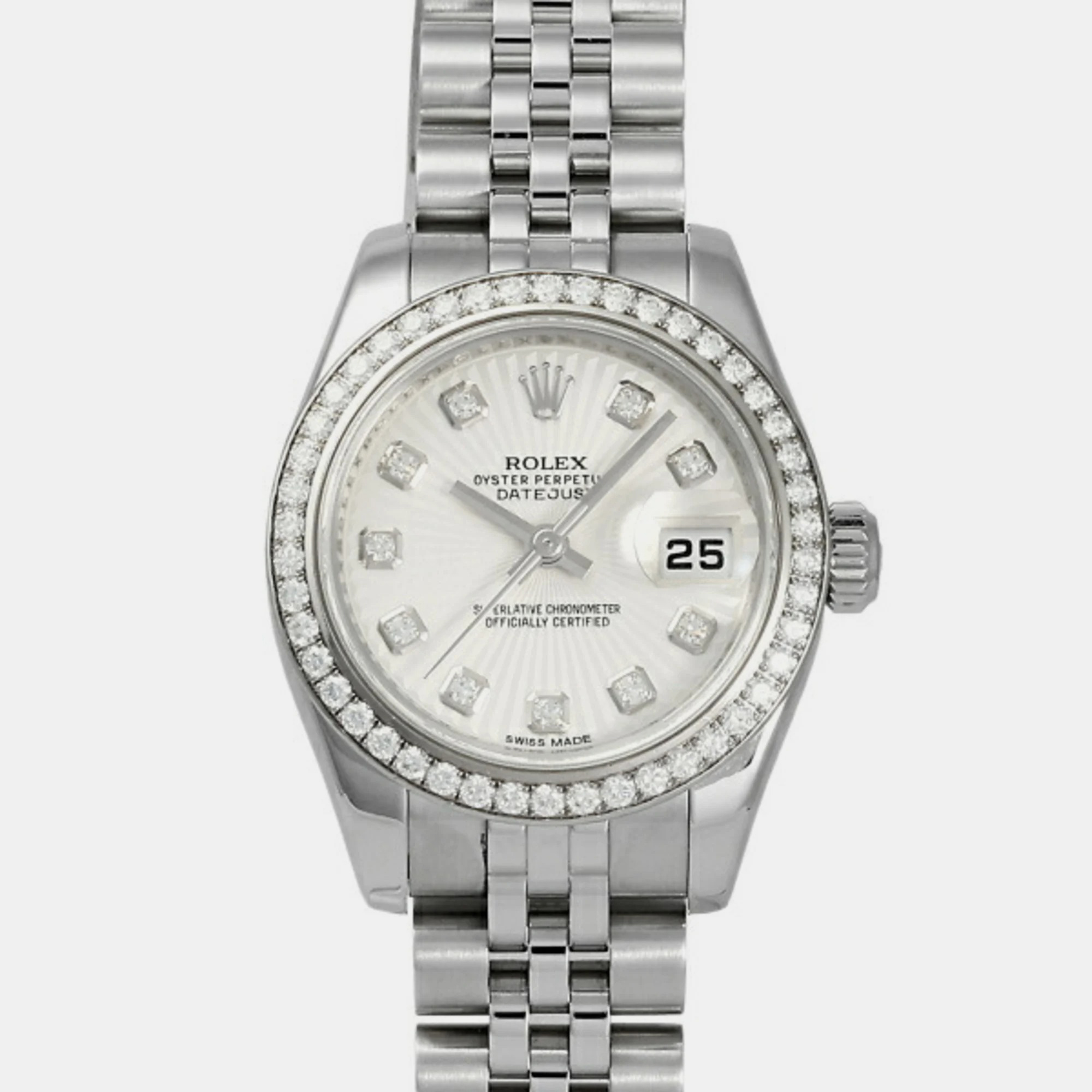 Rolex White Diamond 18k White Gold And Stainless Steel Datejust 179384 Automatic Women's Wristwatch 26 Mm