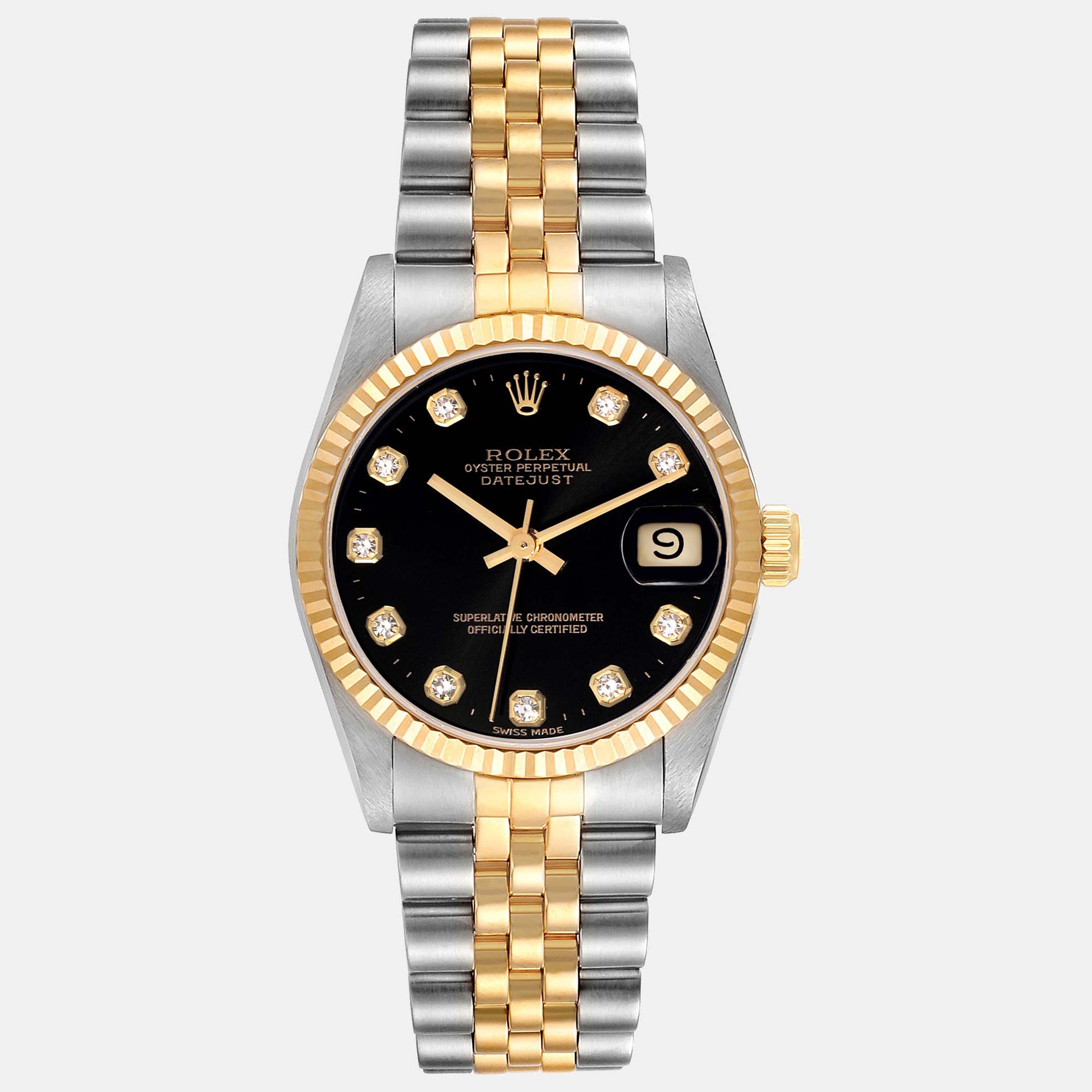 Rolex Datejust Midsize Steel Yellow Gold Black Diamond Ladies Watch 68273 31 Mm