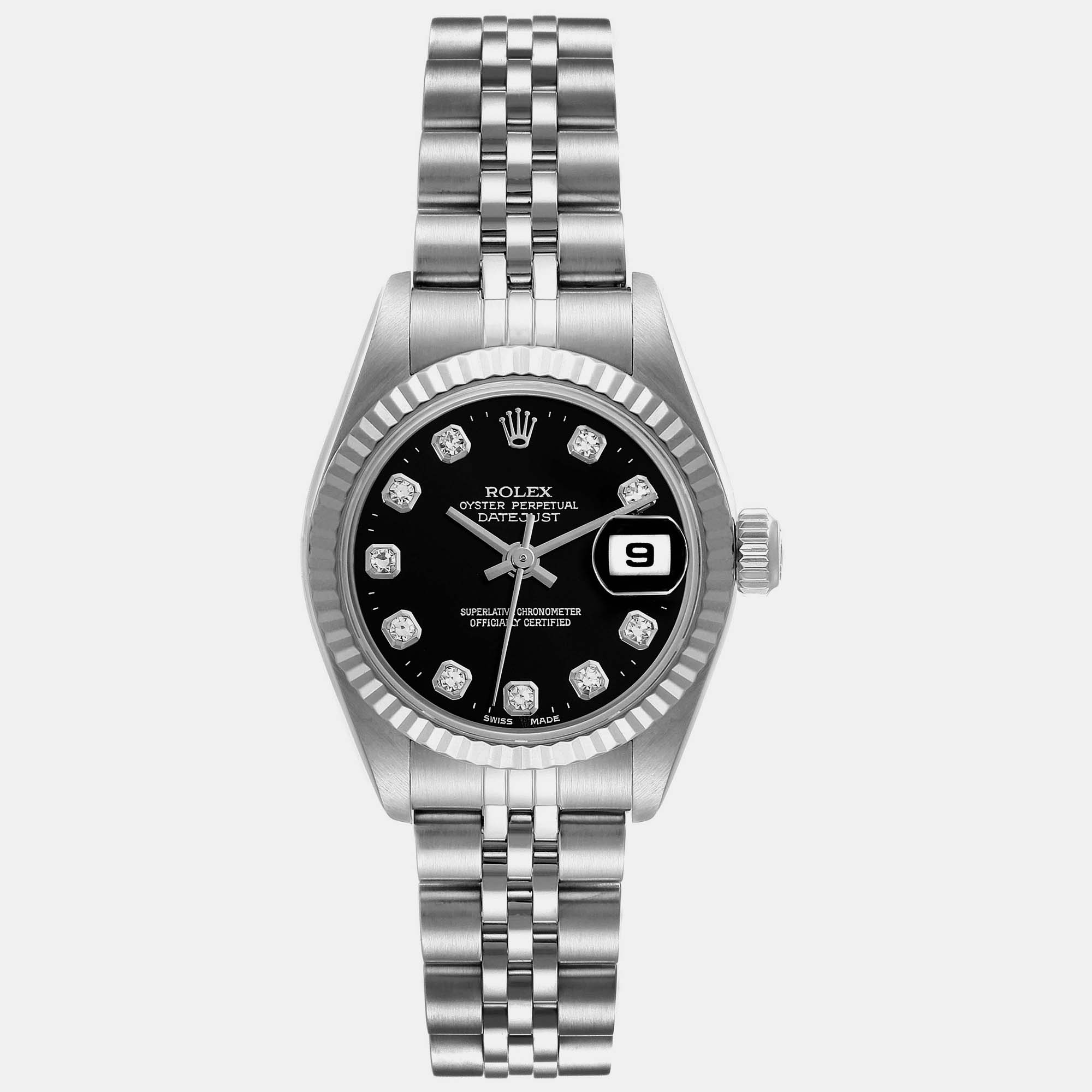 Rolex Datejust Steel White Gold Black Diamond Dial Ladies Watch 79174