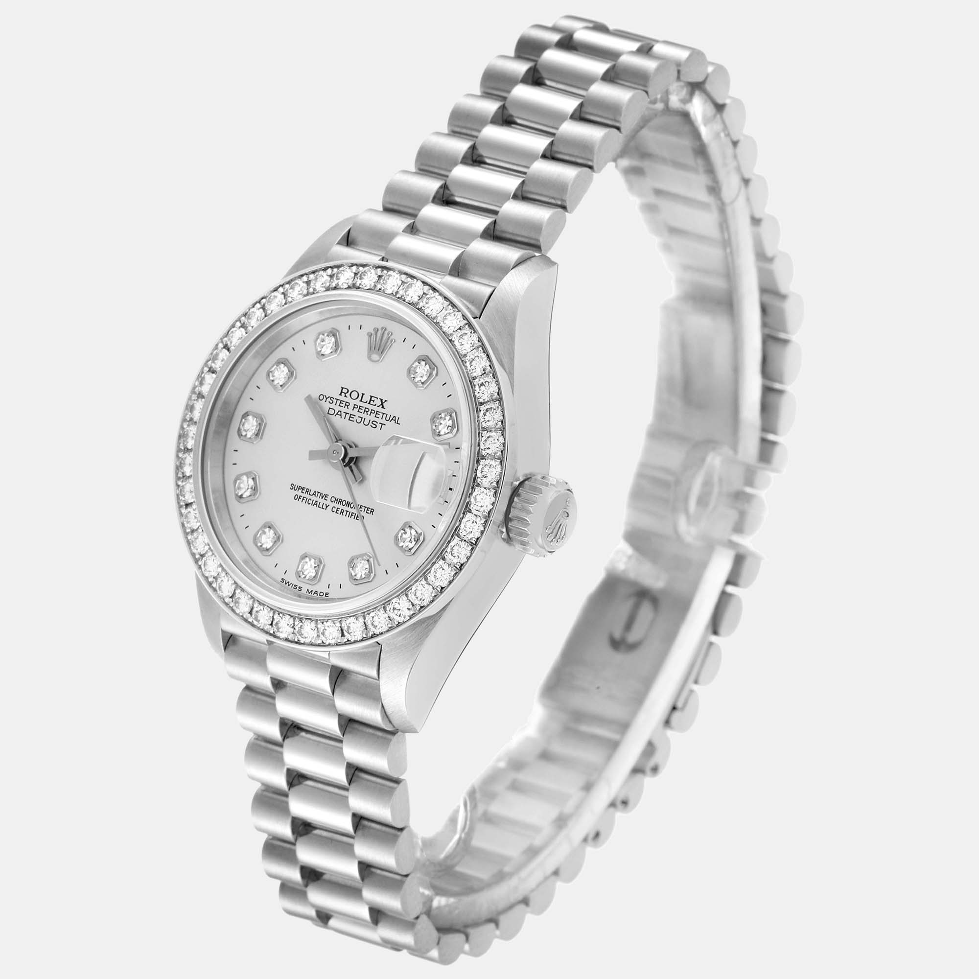 Rolex President Silver Dial Platinum Diamond Ladies Watch 69136 26 Mm