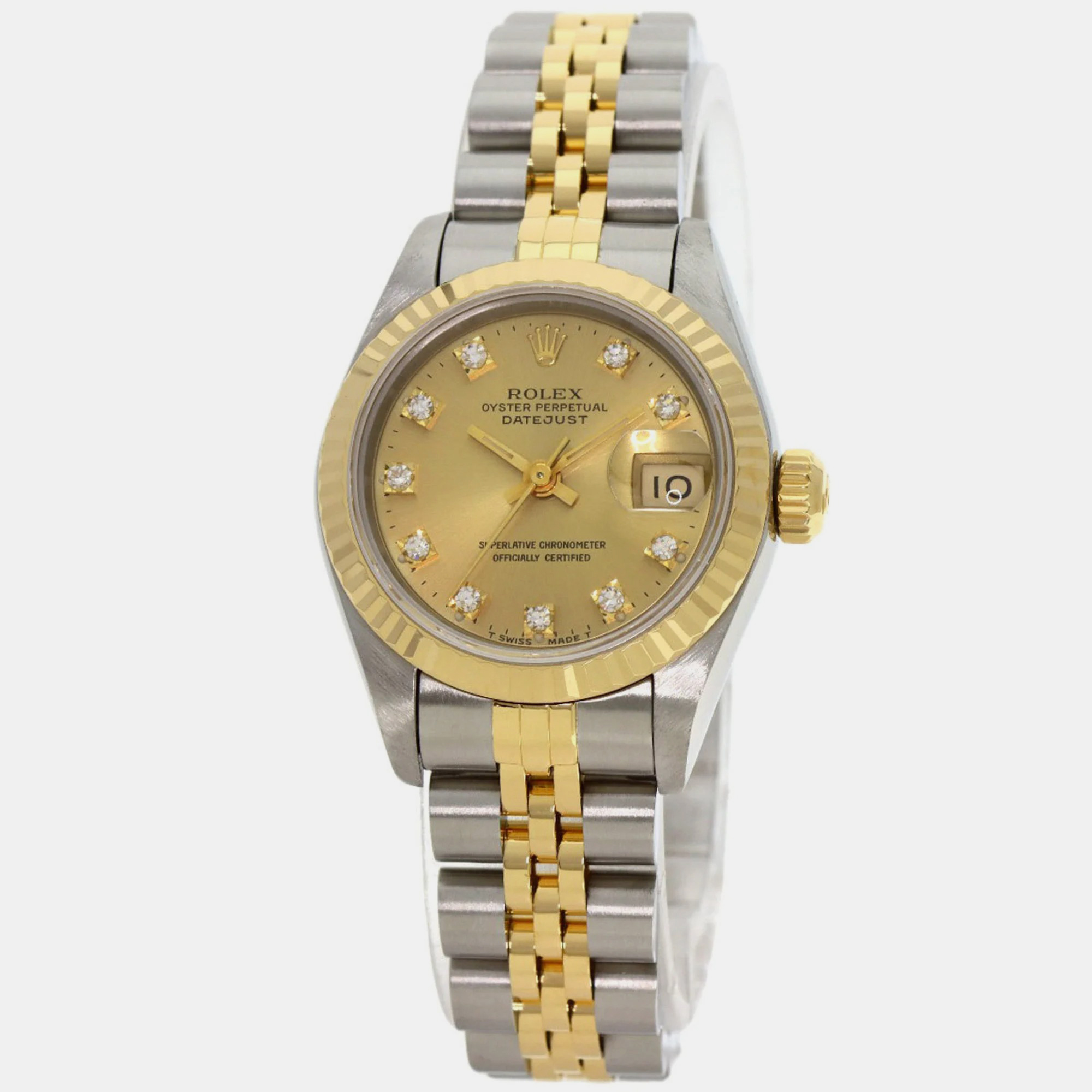 Rolex Champagne Diamond 18k Yellow Gold And Stainless Steel Datejust 69173 Automatic Women's Wristwatch 26 Mm