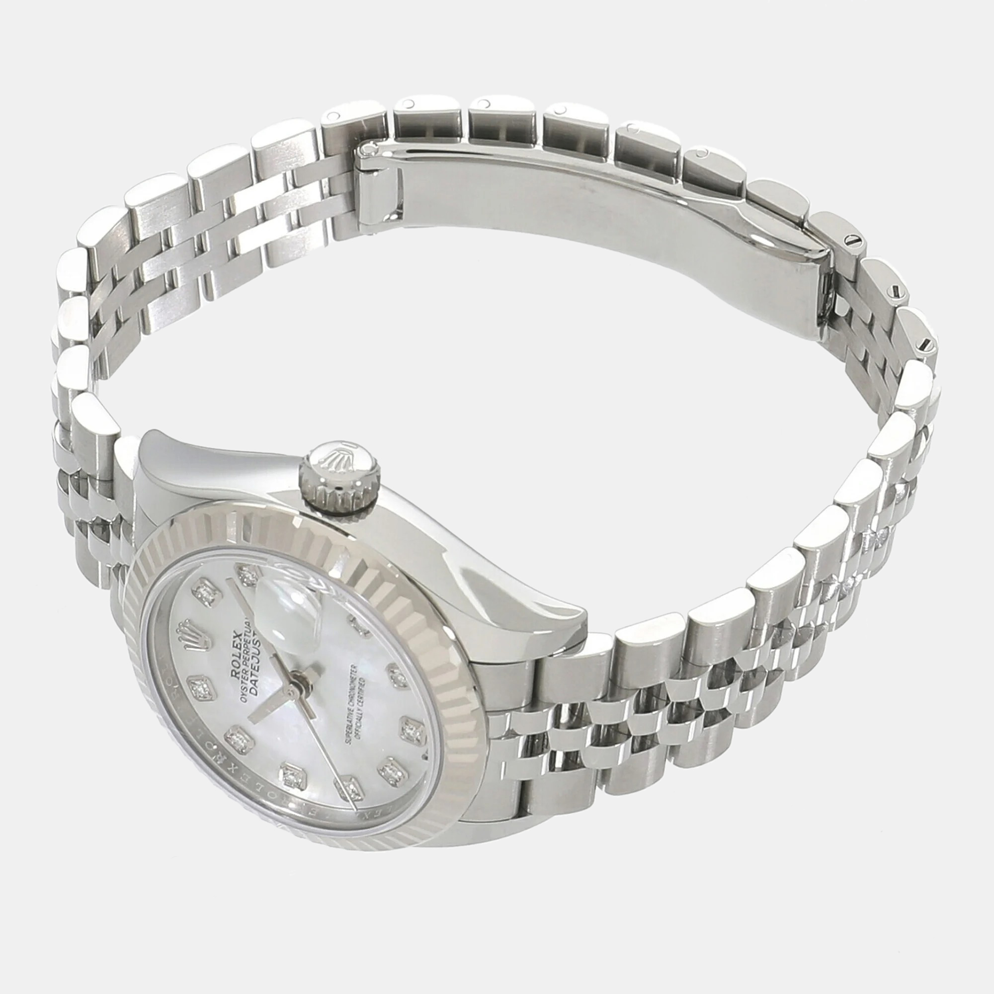Rolex White Shell Diamond 18k White Gold And Stainless Steel Datejust 279174 Automatic Women's Wristwatch 28 Mm