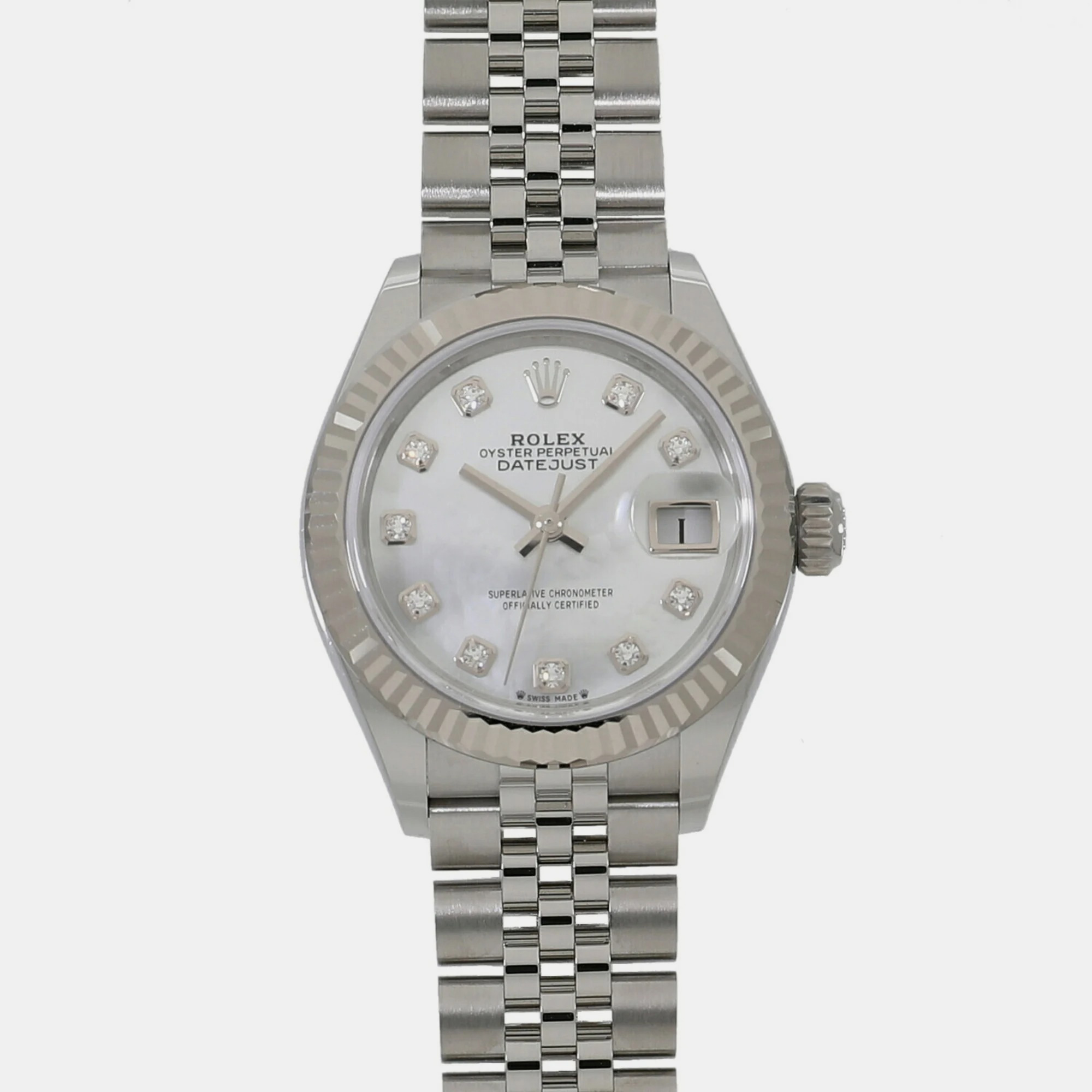 Rolex White Shell Diamond 18k White Gold And Stainless Steel Datejust 279174 Automatic Women's Wristwatch 28 Mm