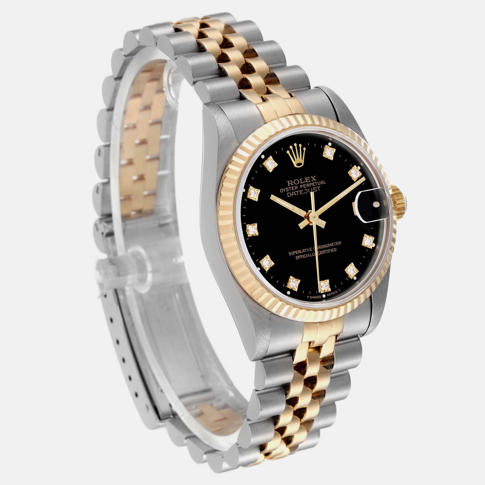 Rolex Datejust Midsize Steel Yellow Gold Black Diamond Ladies Watch 68273 31 Mm