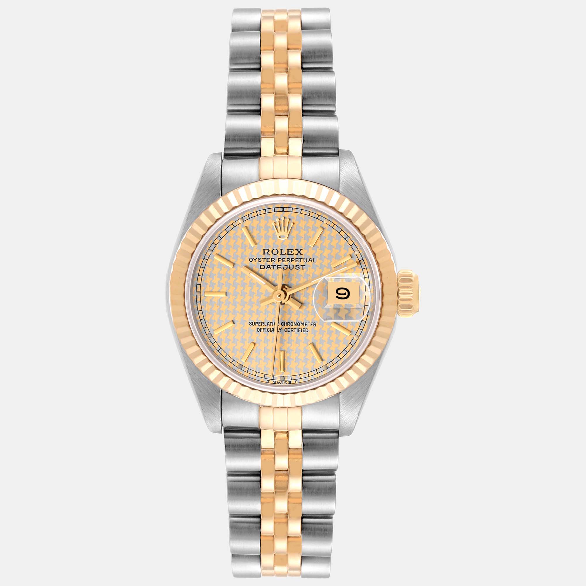 Rolex Datejust Steel Yellow Gold Houndstooth Dial Ladies Watch 69173 26 Mm